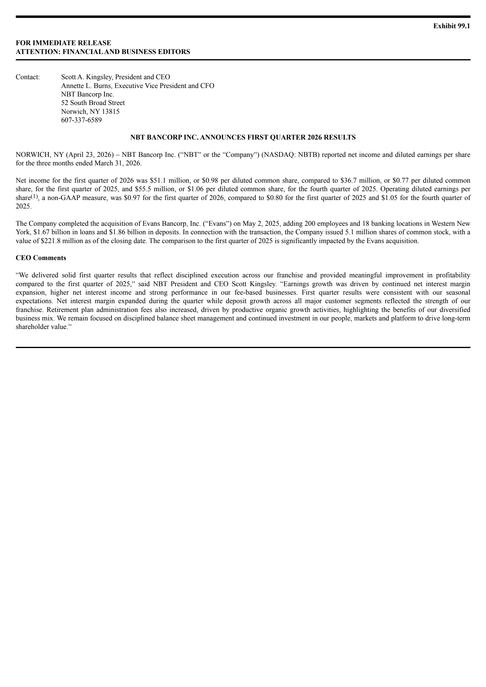 NBT Bancorp's Q1 2026 Press Release