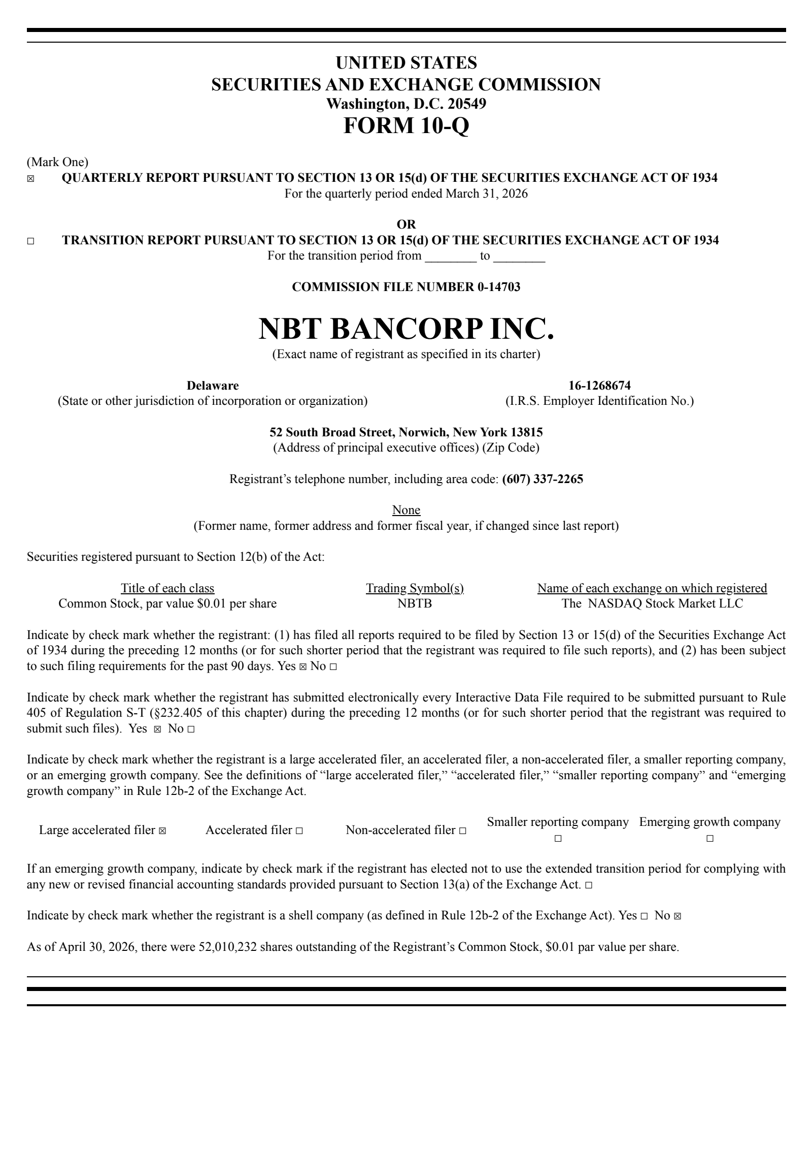 NBT Bancorp's Q1 2026 Quarterly report