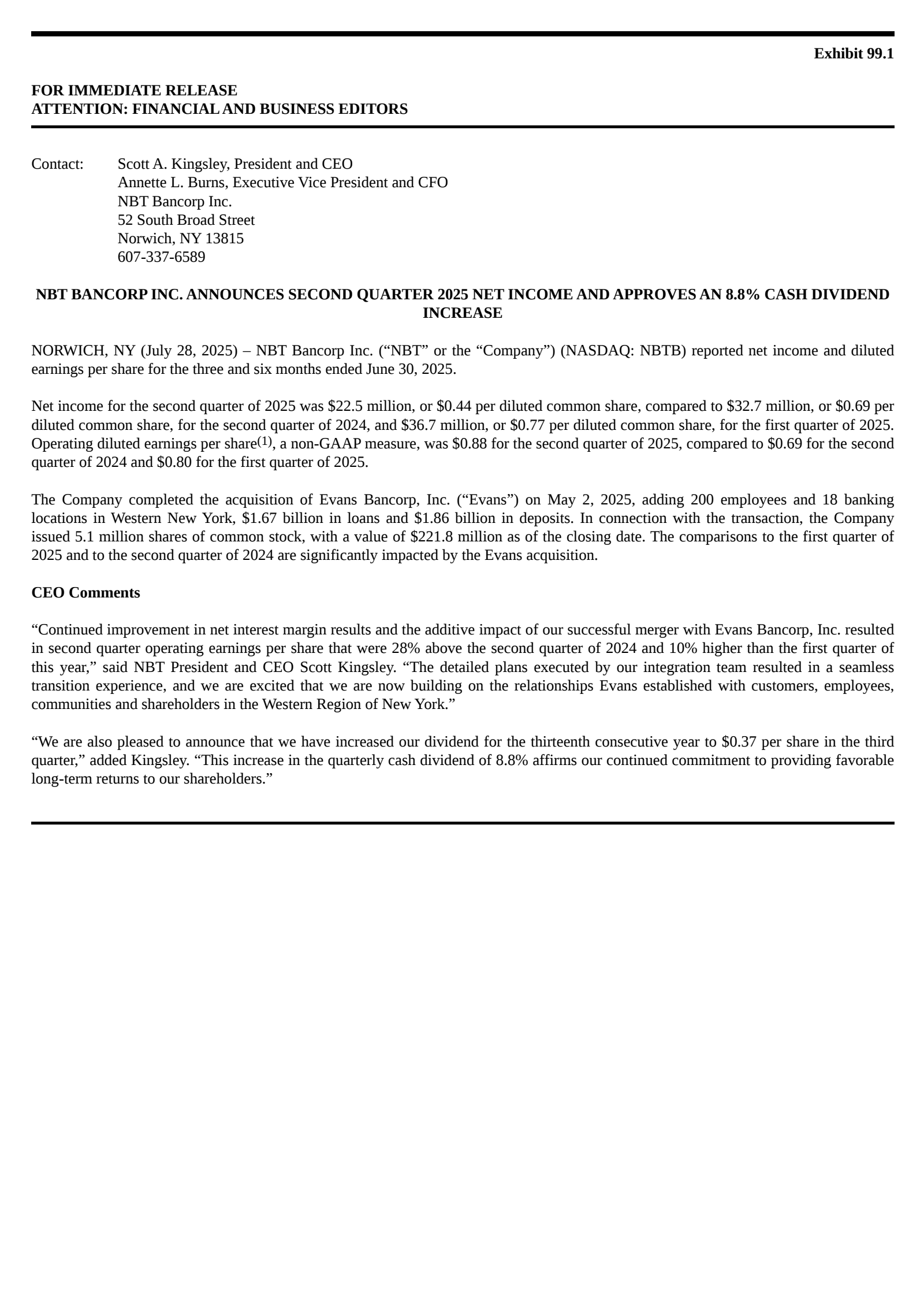 NBT Bancorp's Q2 2025 Press Release