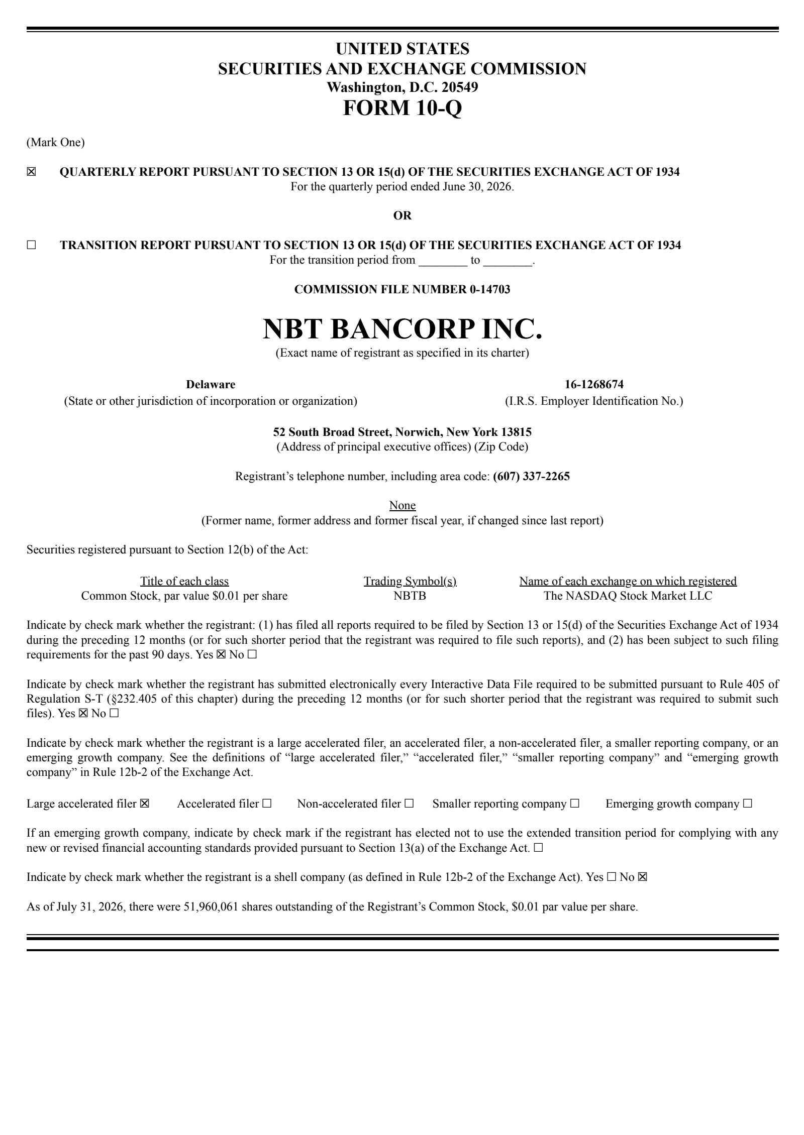 NBT Bancorp's Q2 2026 Quarterly report