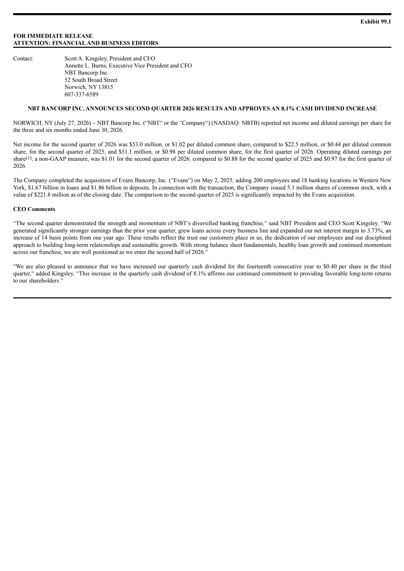 NBT Bancorp's Q2 2026 Press Release