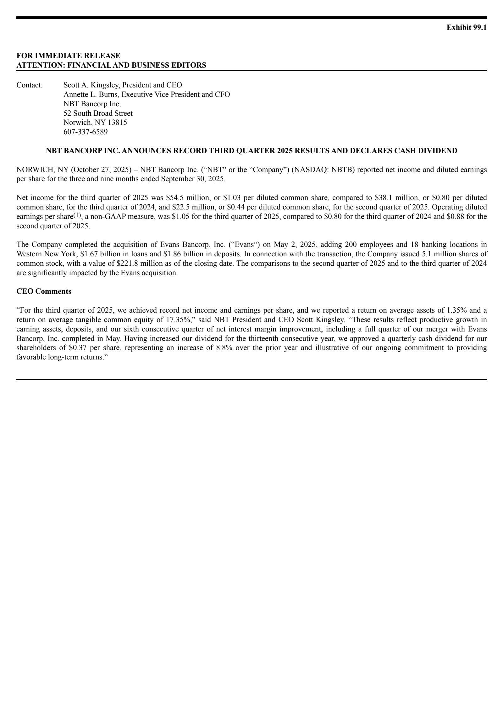 NBT Bancorp's Q3 2025 Earnings Release