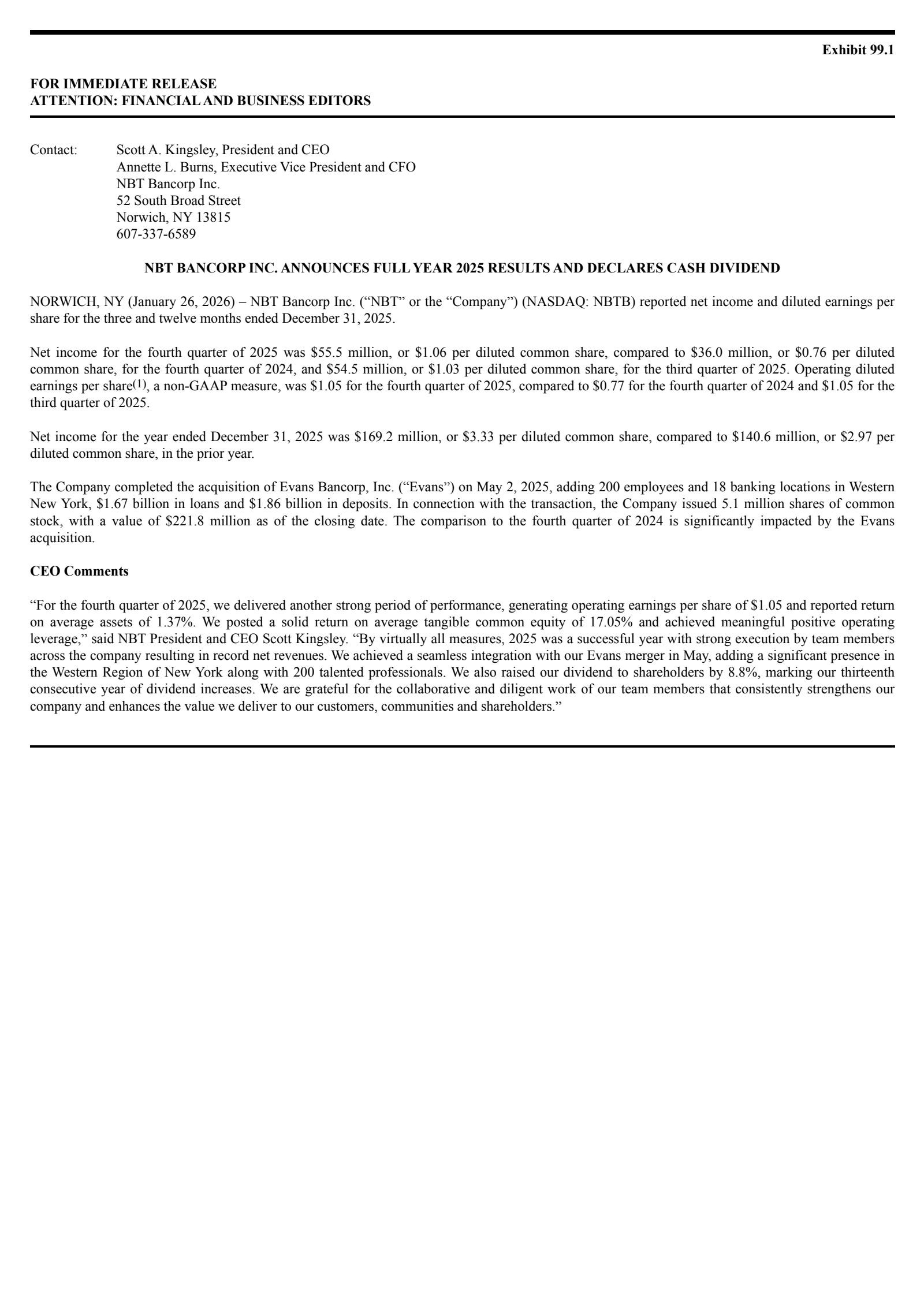 NBT Bancorp's Q4 2025 Press Release