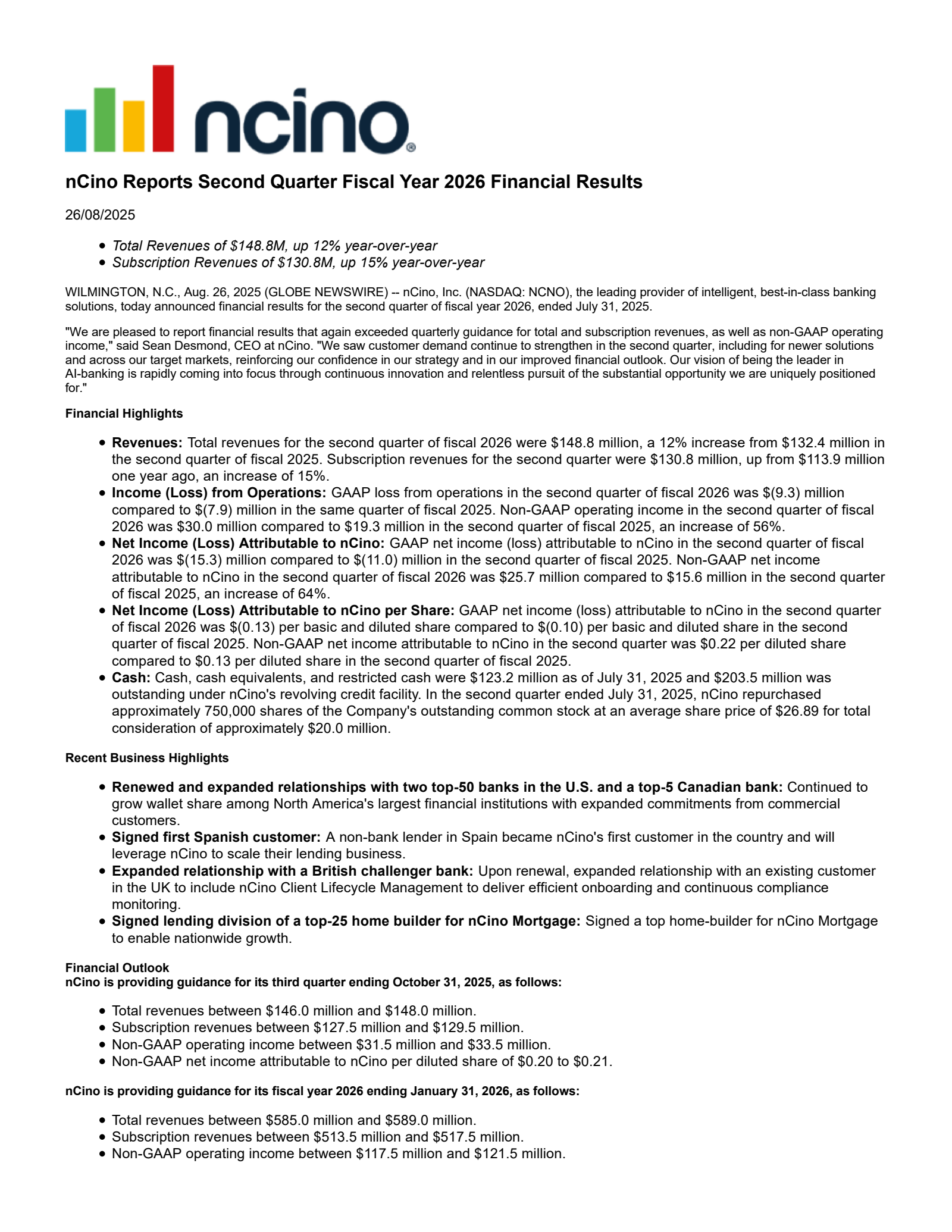 nCino's Q2 2026 Press Release