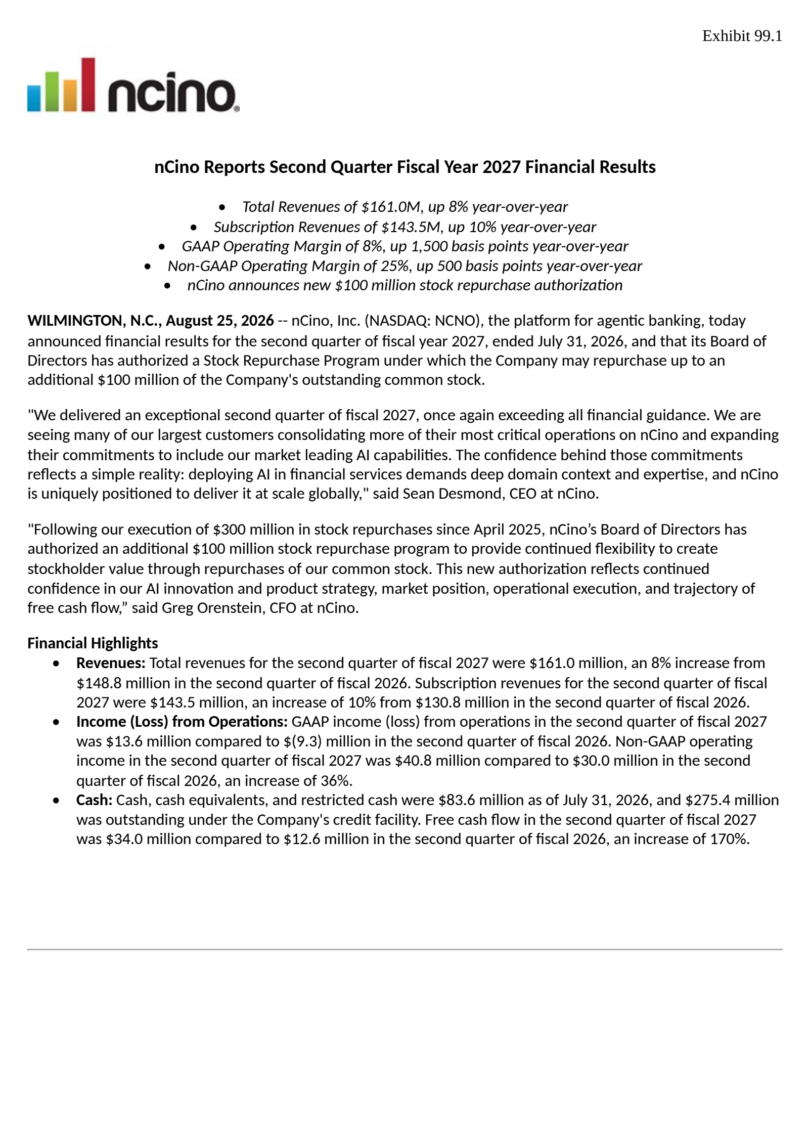 nCino's Q2 2027 Press Release