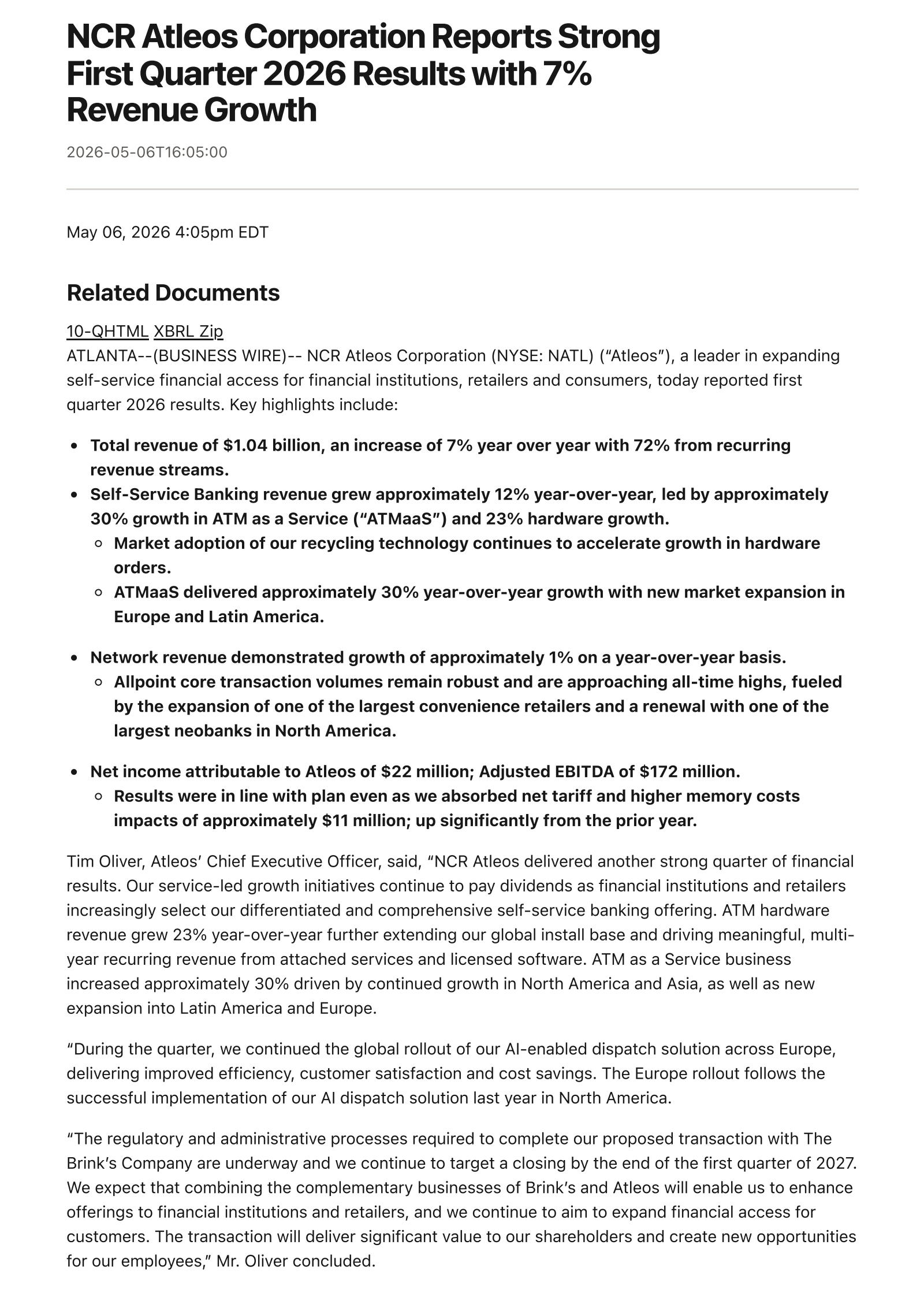 NCR Atleos' Q1 2026 Press Release