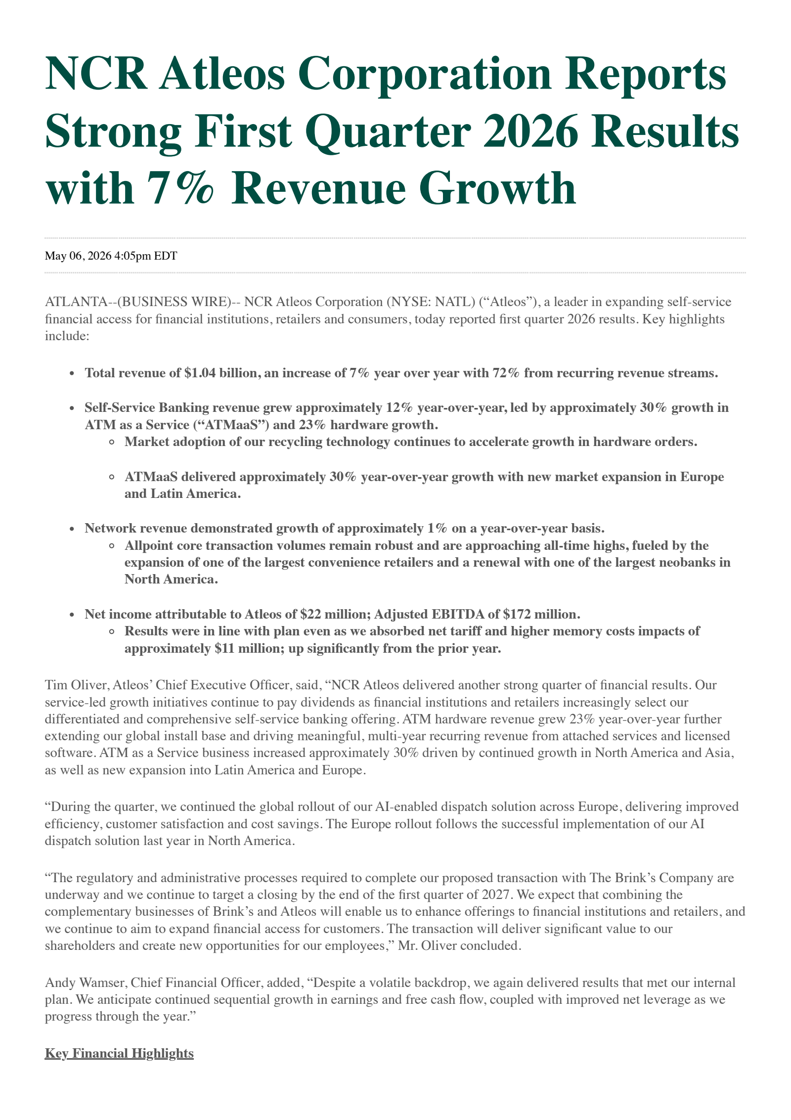 NCR Atleos' Q1 2026 Press Release