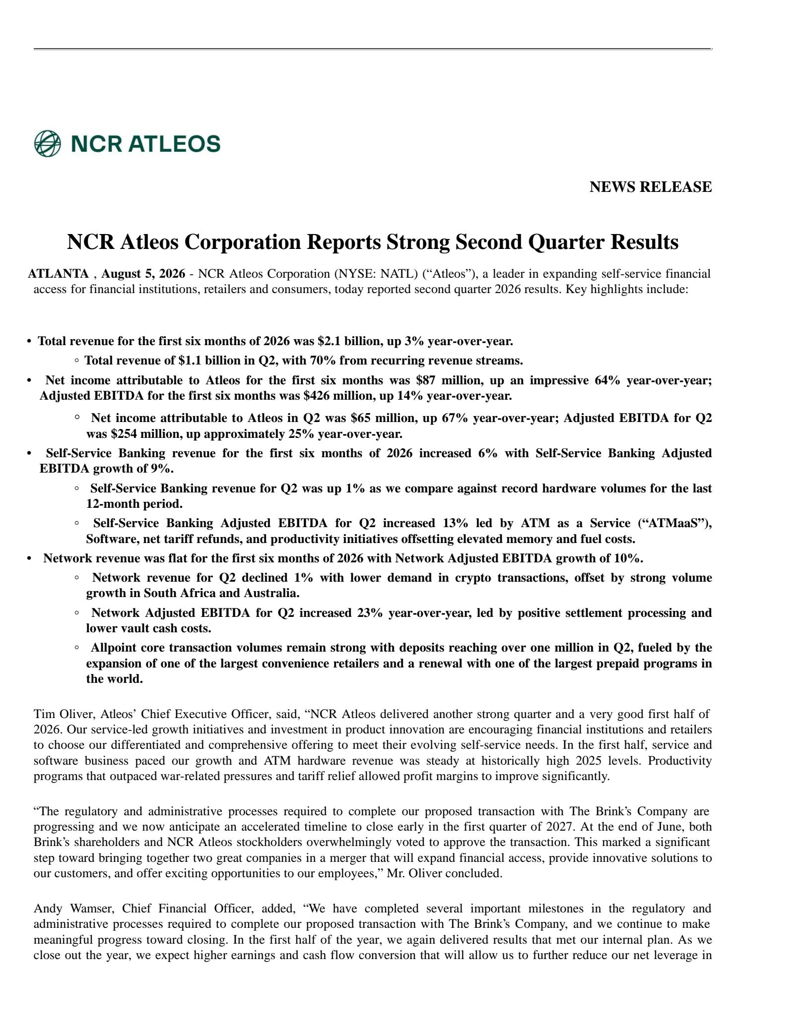 NCR Atleos' Q2 2026 Press Release