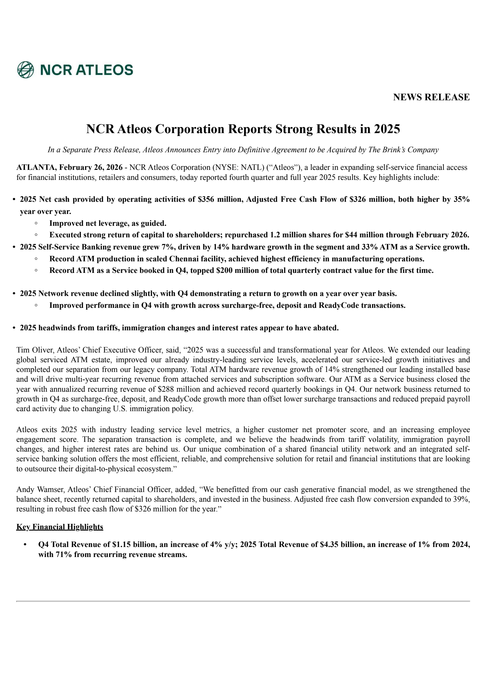 NCR Atleos' Q4 2025 Press Release