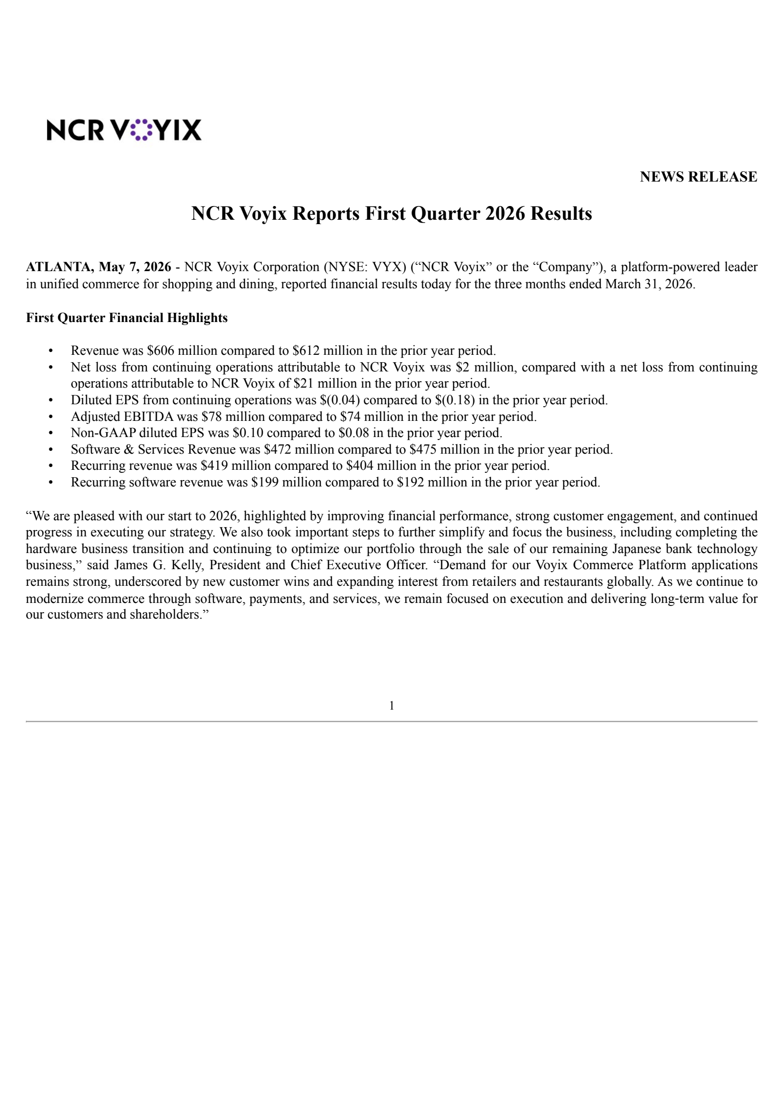 NCR Voyix's Q1 2026 Press Release