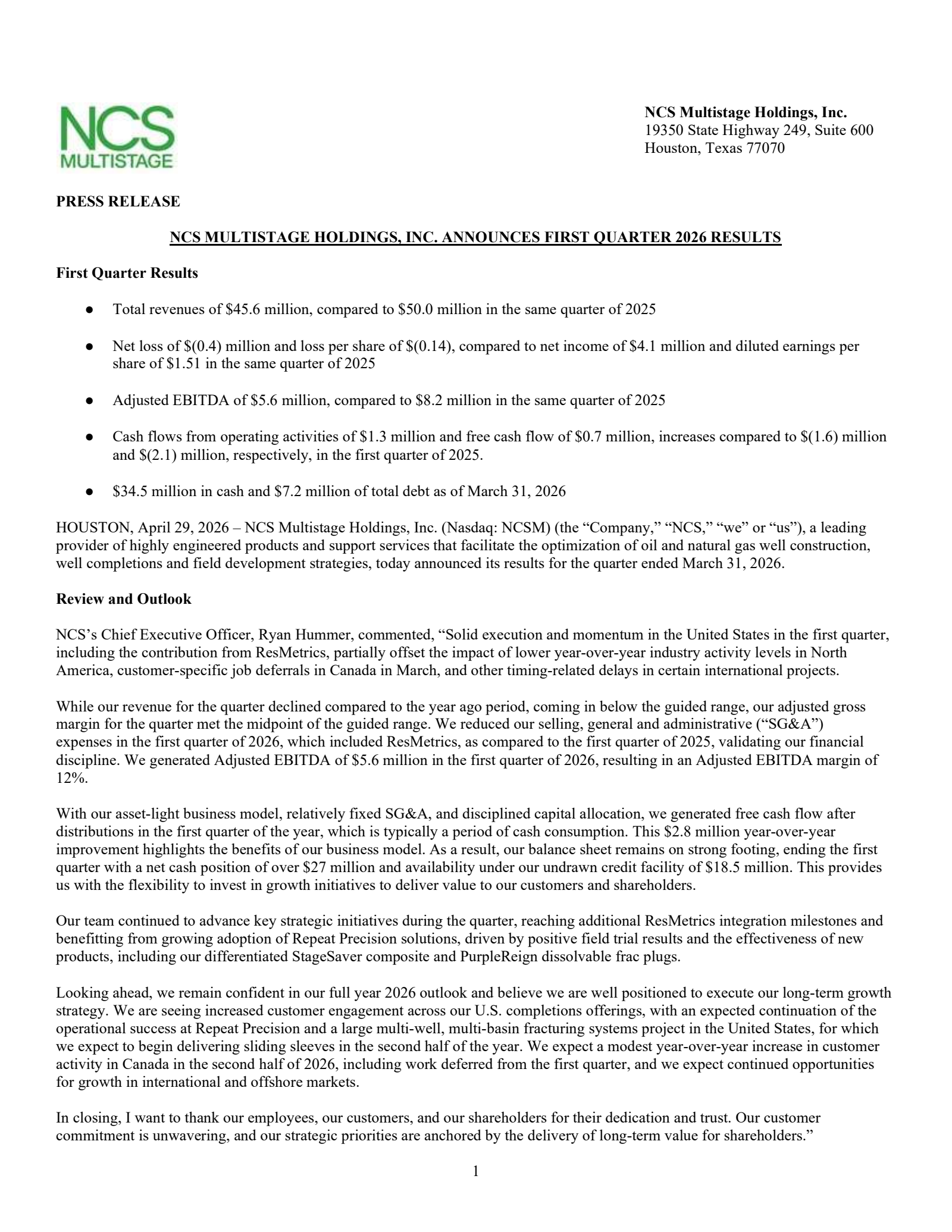 NCS Multistage's Q1 2026 Press Release