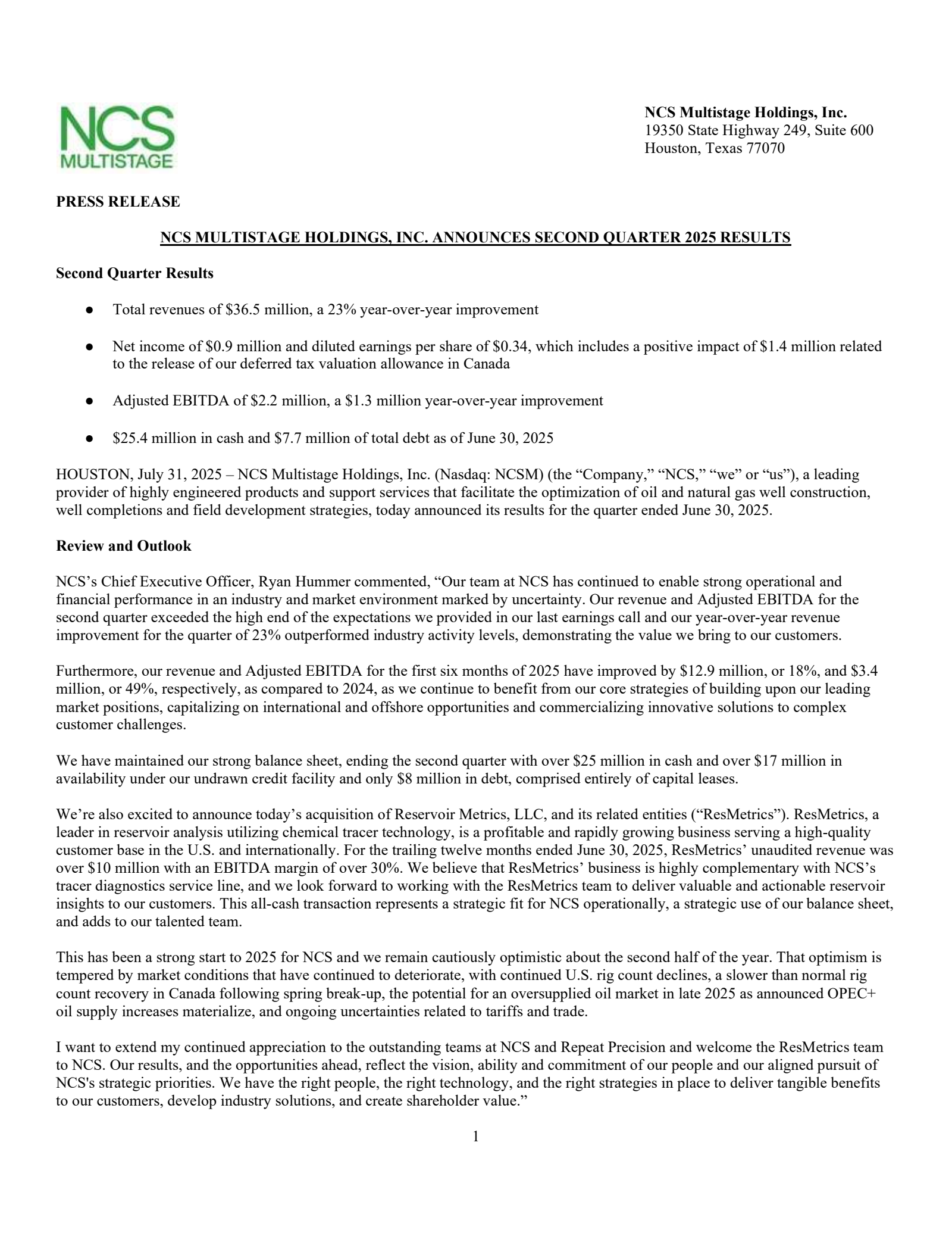 NCS Multistage's Q2 2025 Press Release