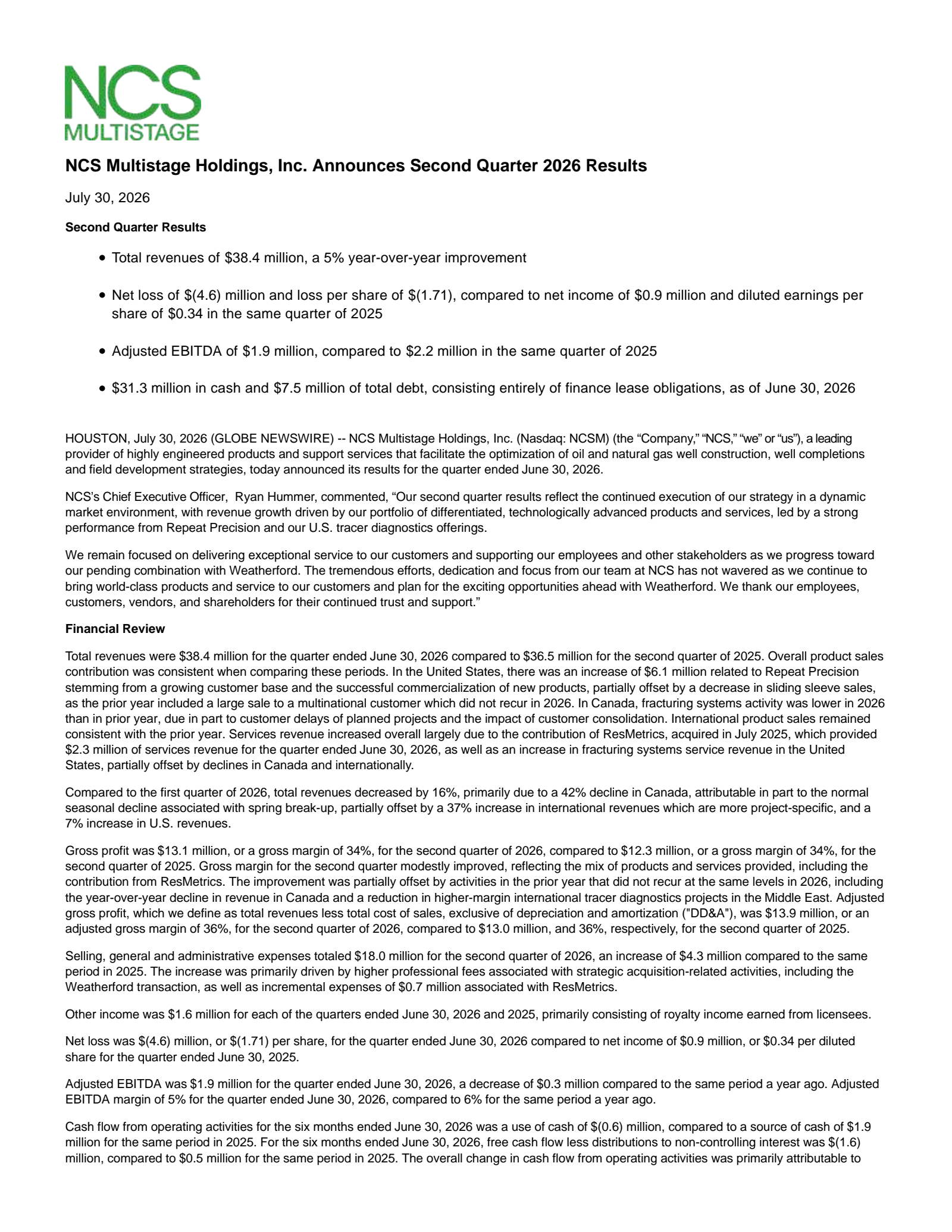 NCS Multistage's Q2 2026 Press Release