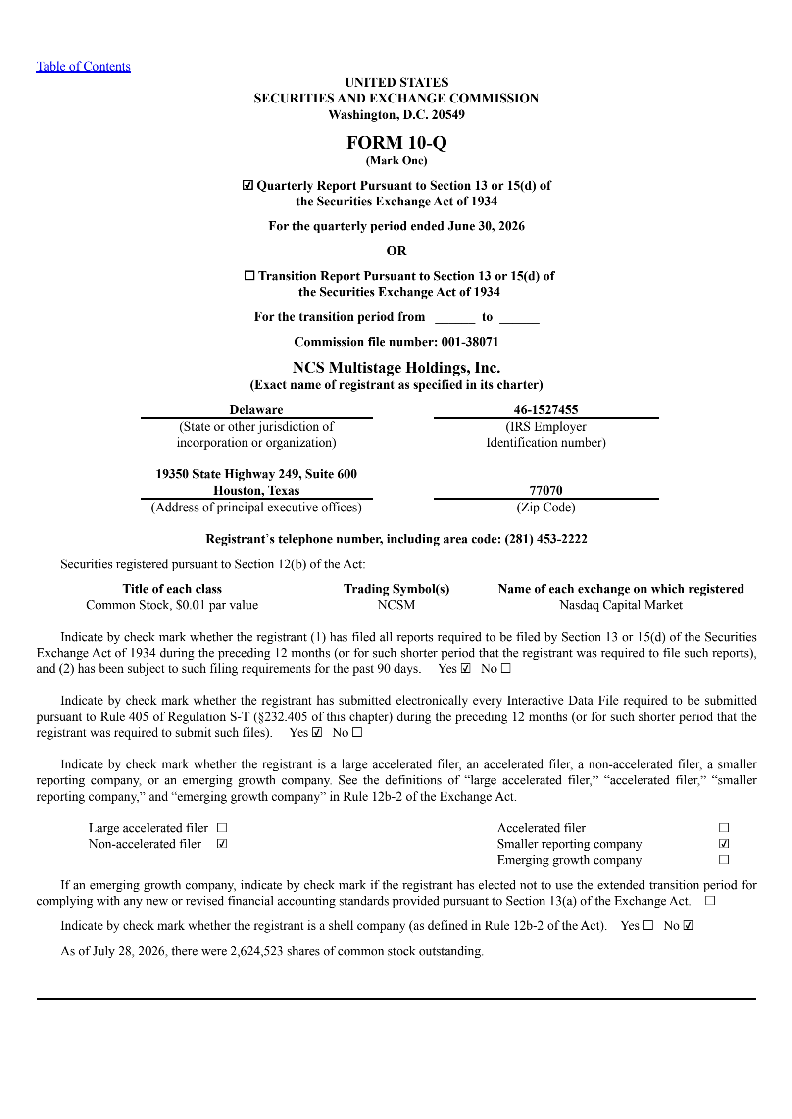 NCS Multistage's Q2 2026 Quarterly report