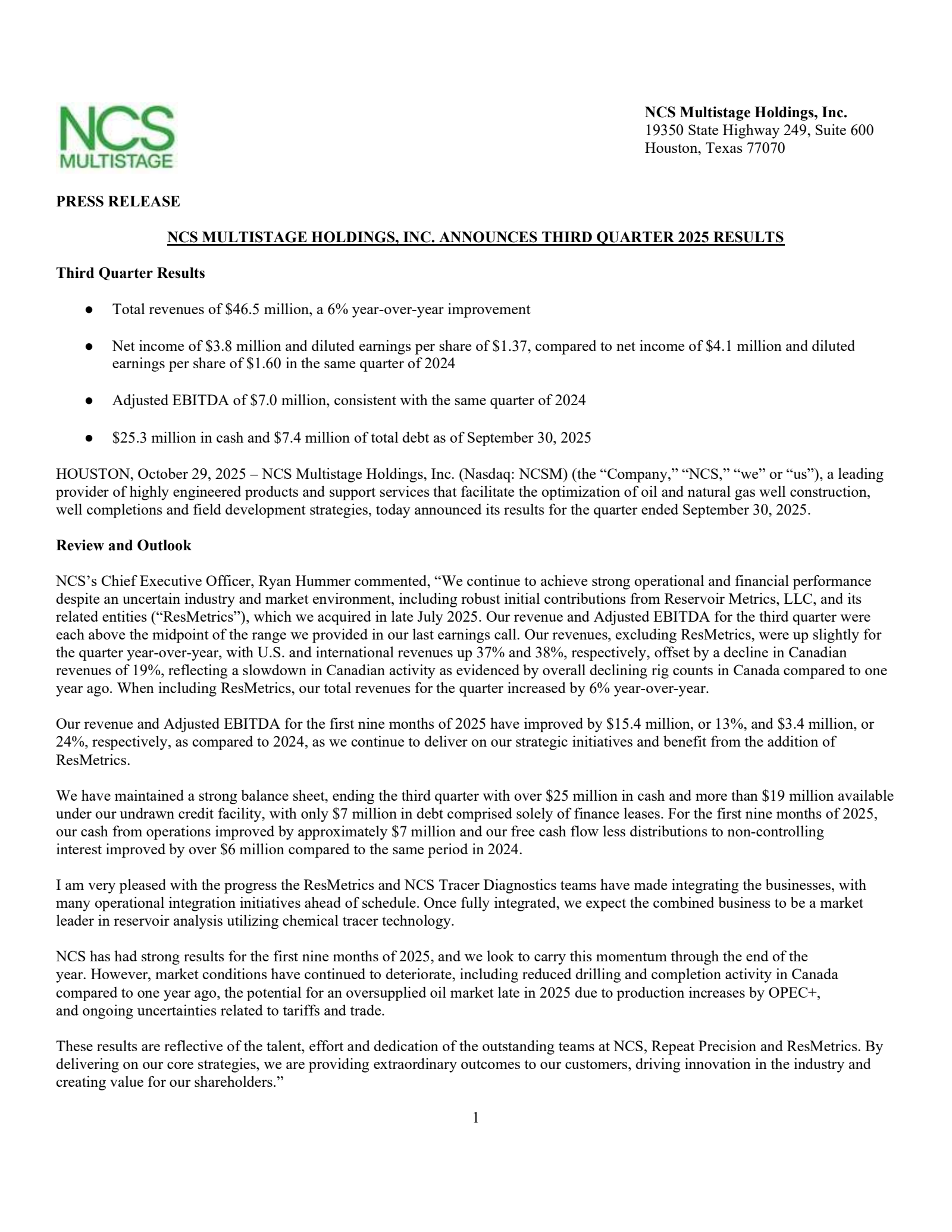 NCS Multistage's Q3 2025 Earnings Release