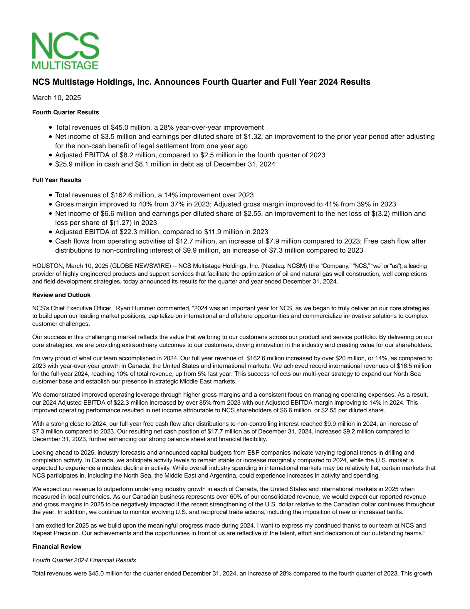 NCS Multistage's Q4 2024 Press Release