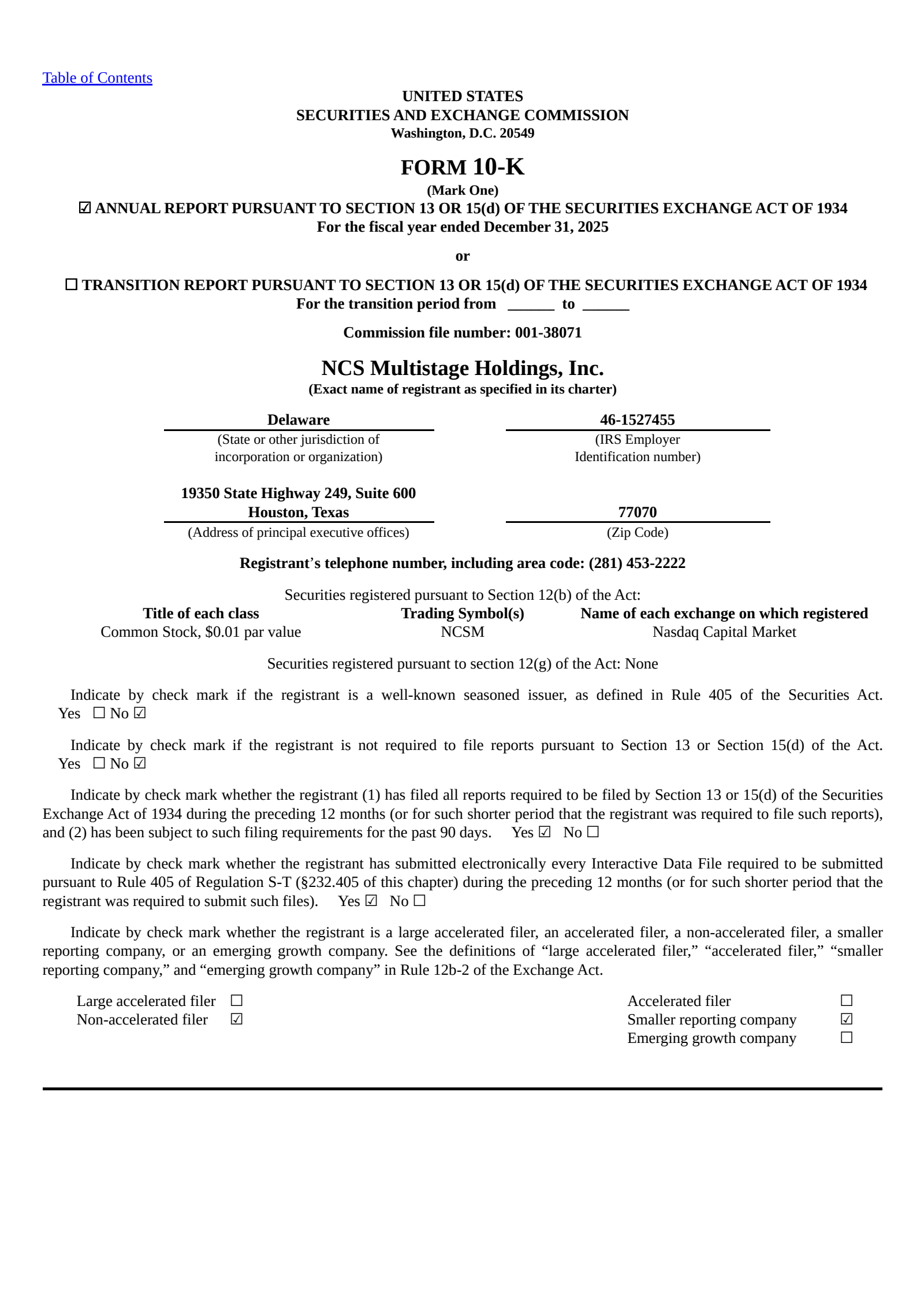 NCS Multistage's Q4 2025 Annual report