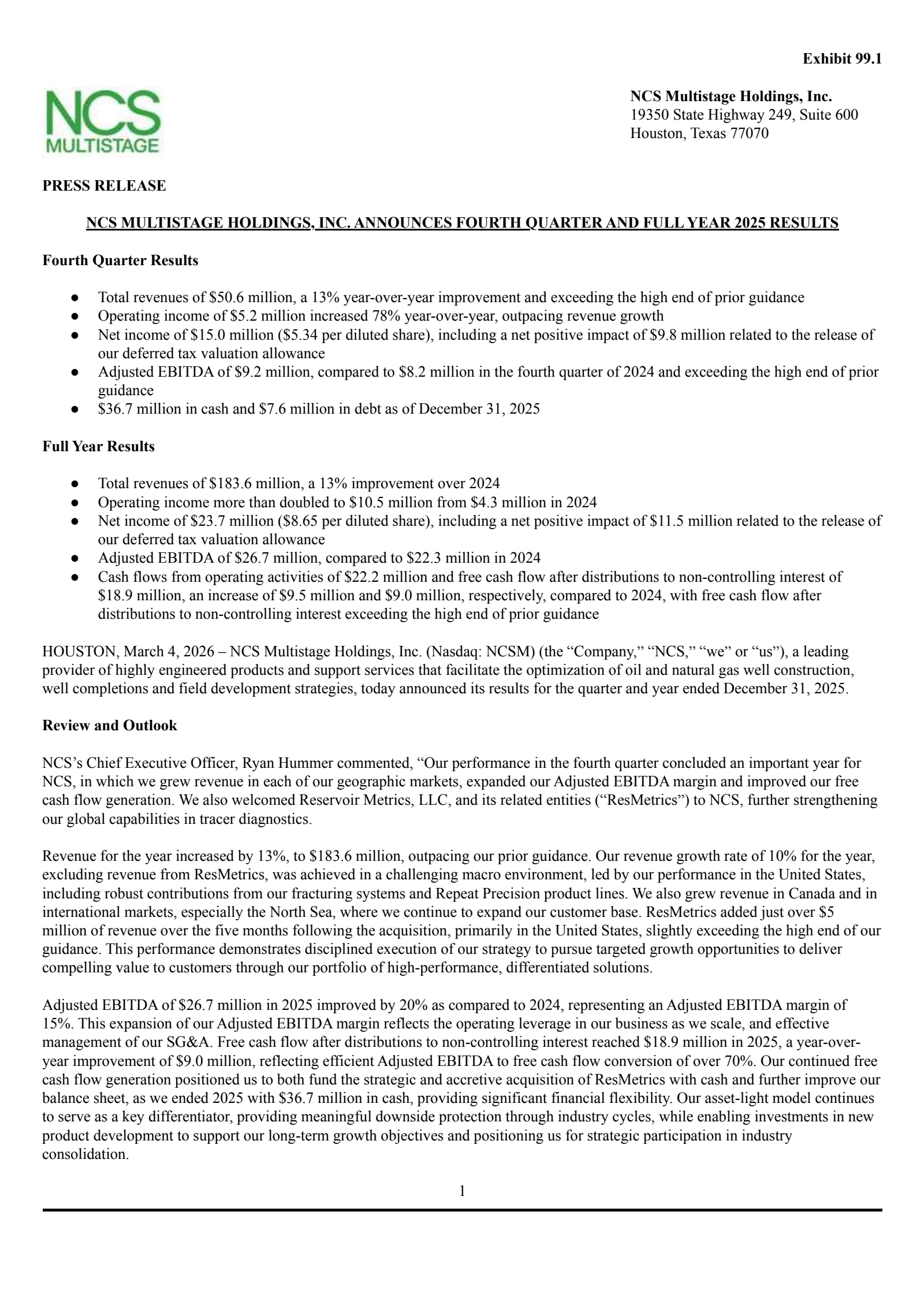 NCS Multistage's Q4 2025 Press Release