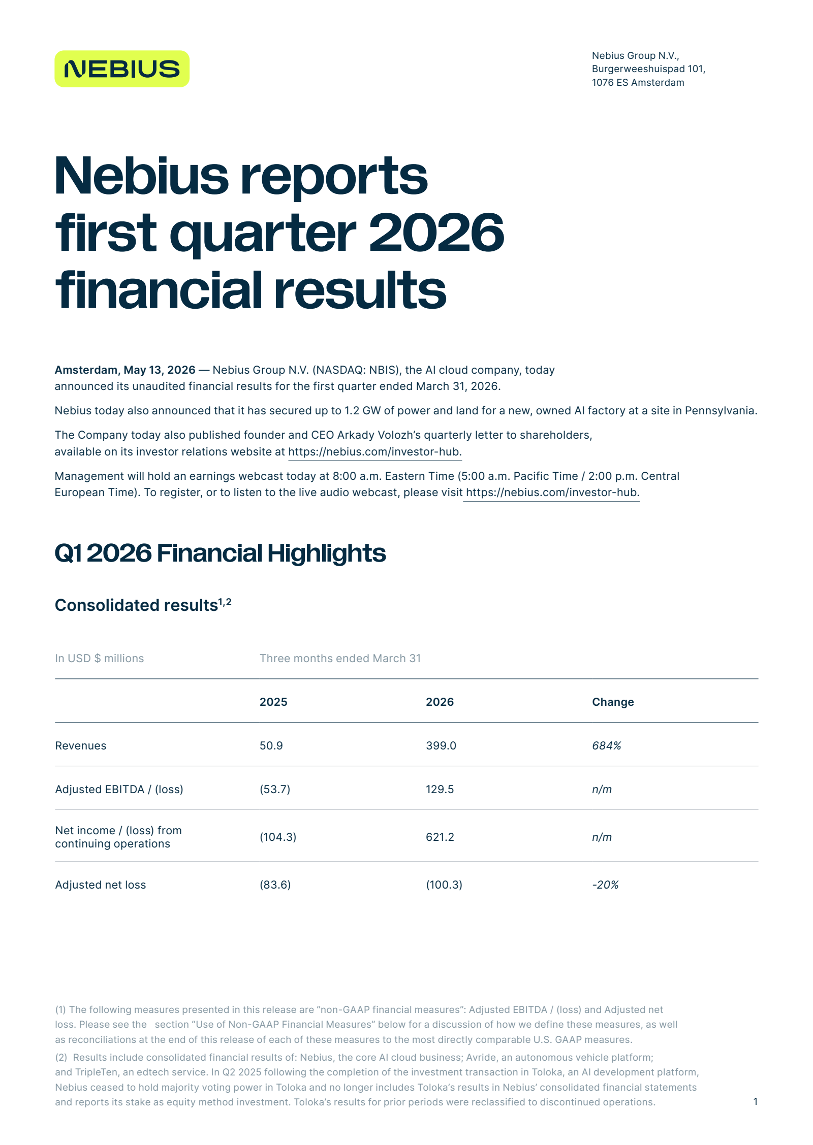Nebius Group's Q1 2026 Press Release