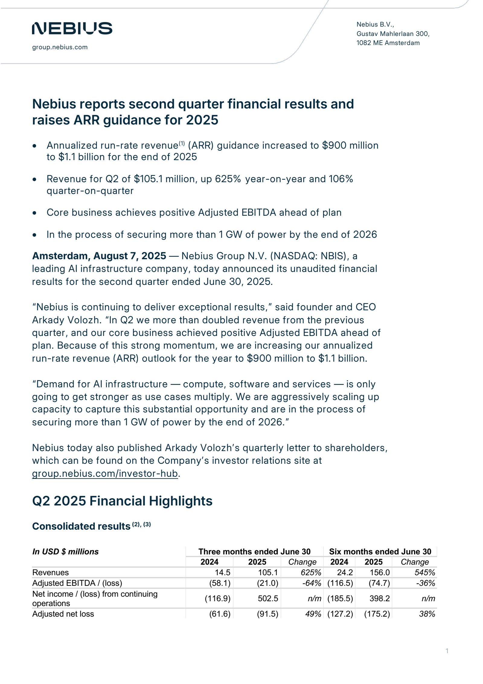 Nebius Group's Q2 2025 Press Release
