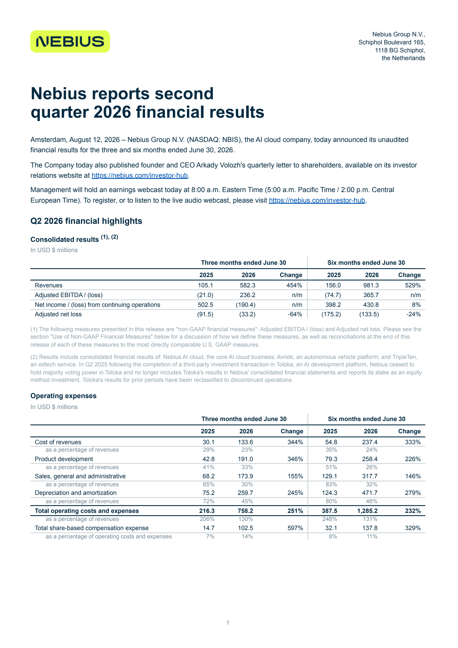 Nebius Group's Q2 2026 Press Release