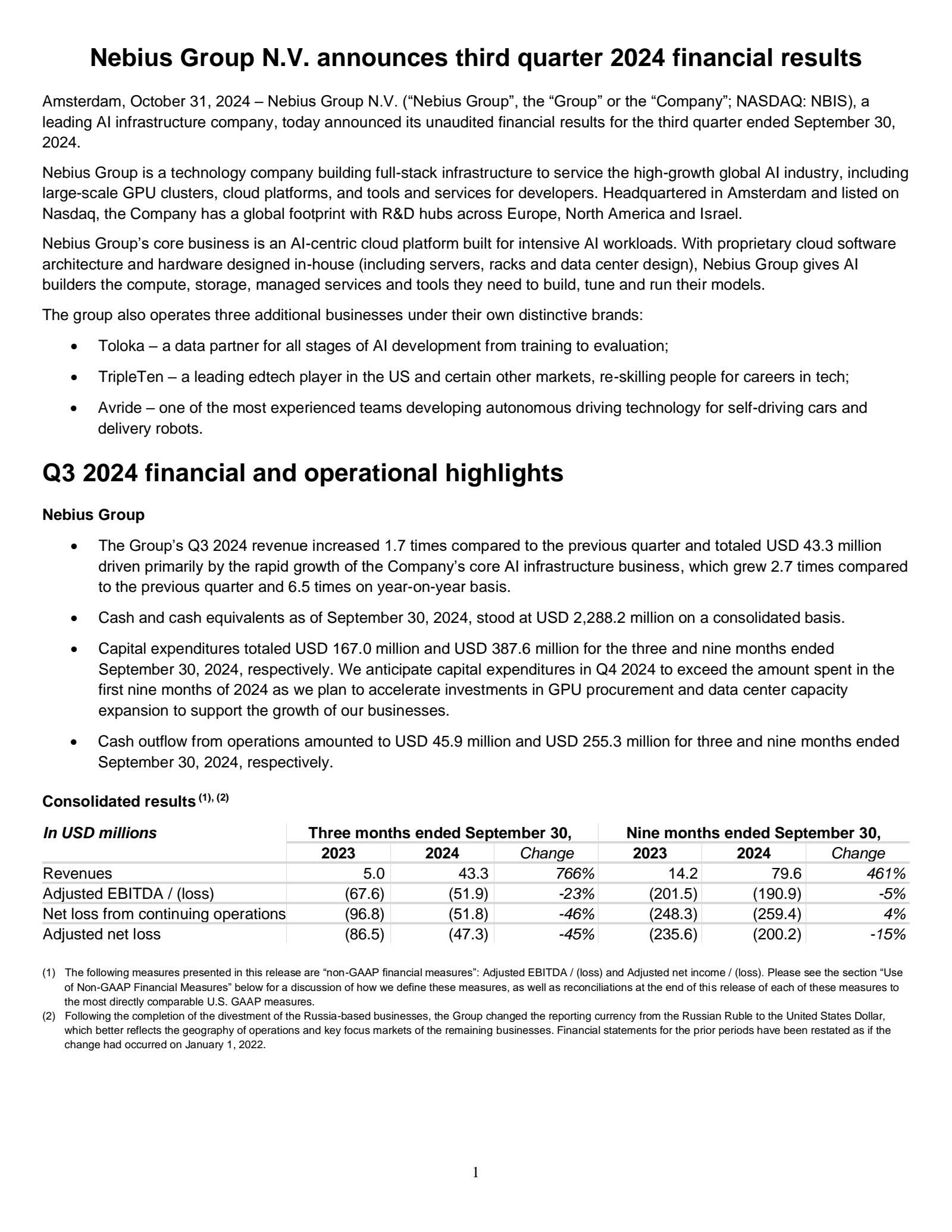 Nebius Group's Q3 2024 Press Release