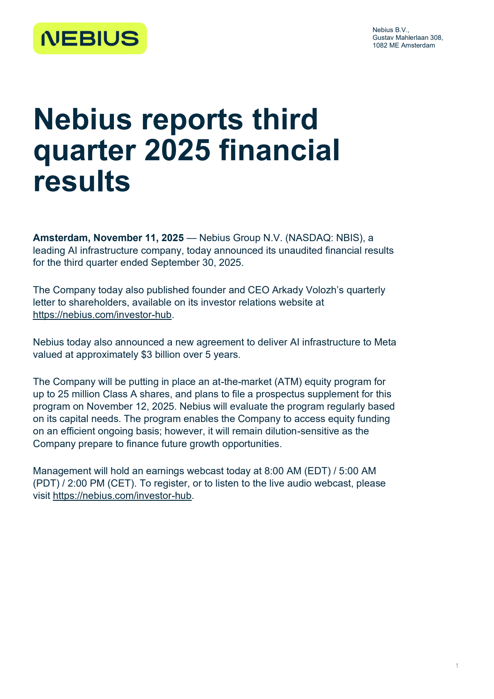 Nebius Group's Q3 2025 Earnings Release