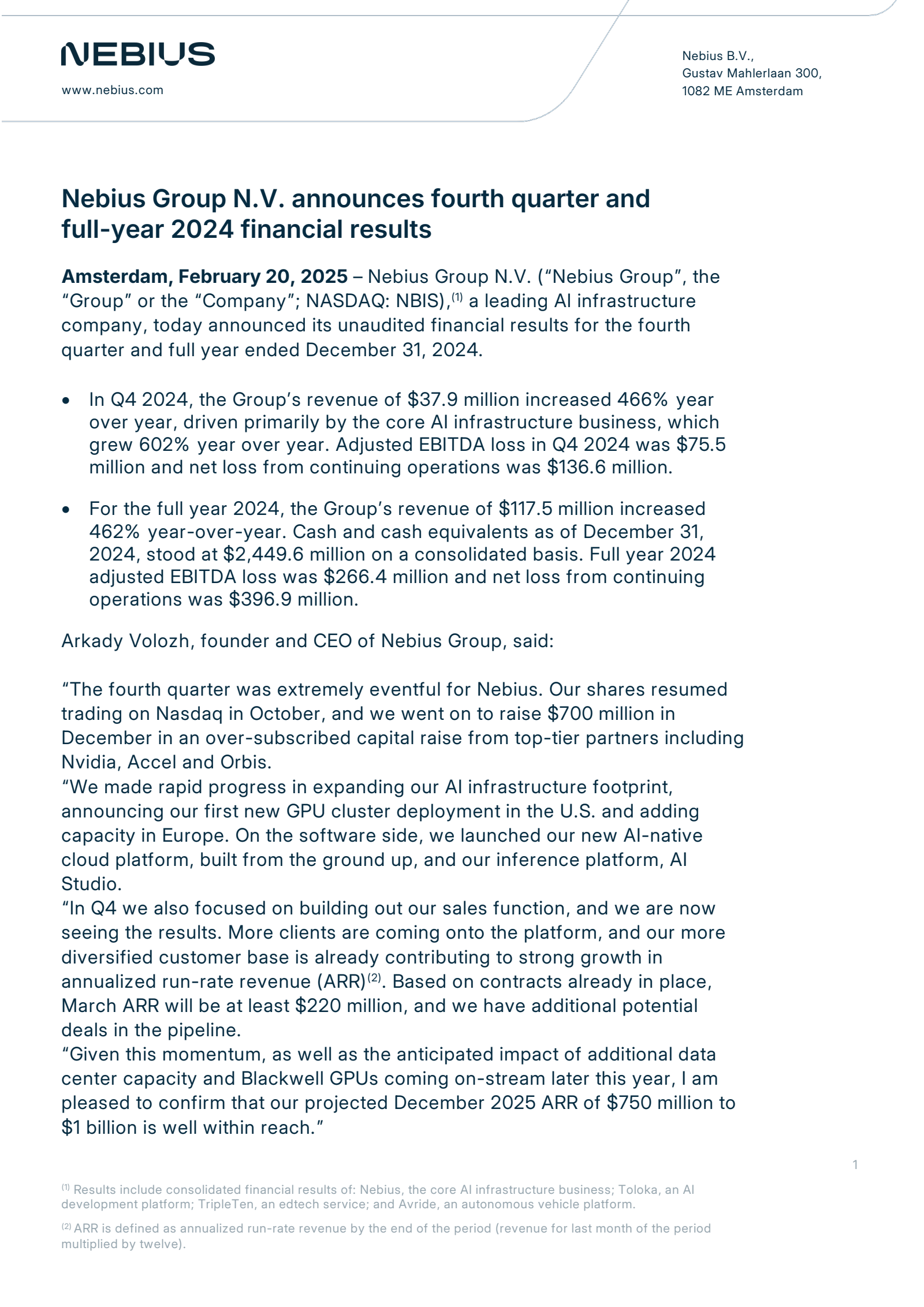 Nebius Group's Q4 2024 Press Release