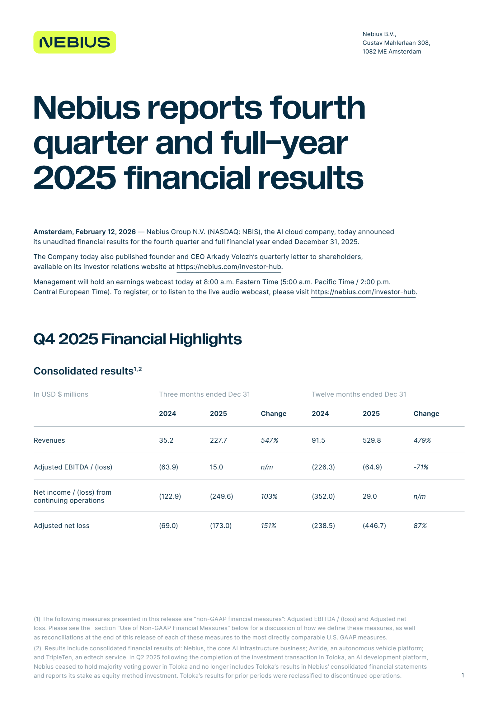 Nebius Group's Q4 2025 Press Release