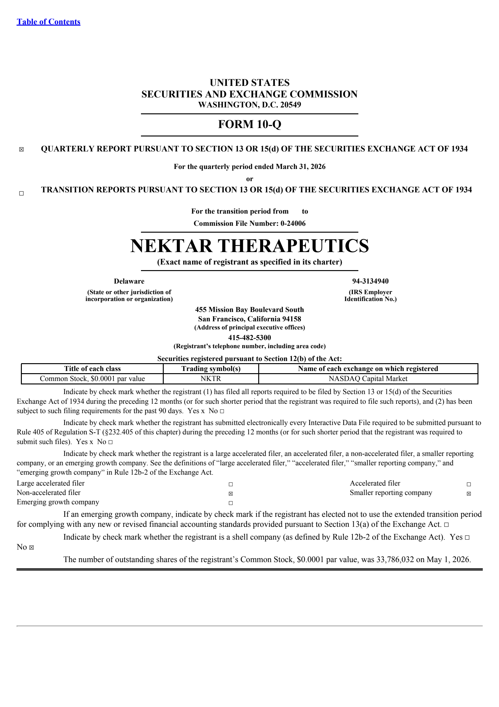 Nektar Therapeutics' Q1 2026 Quarterly report