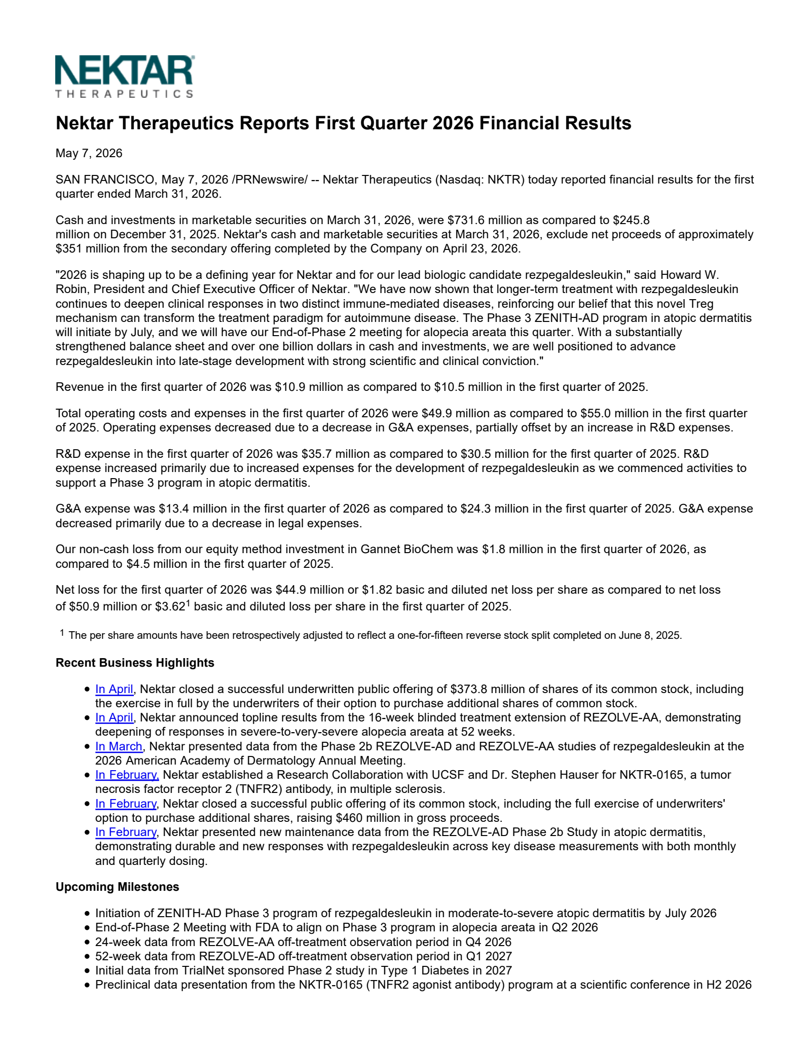 Nektar Therapeutics' Q1 2026 Press Release