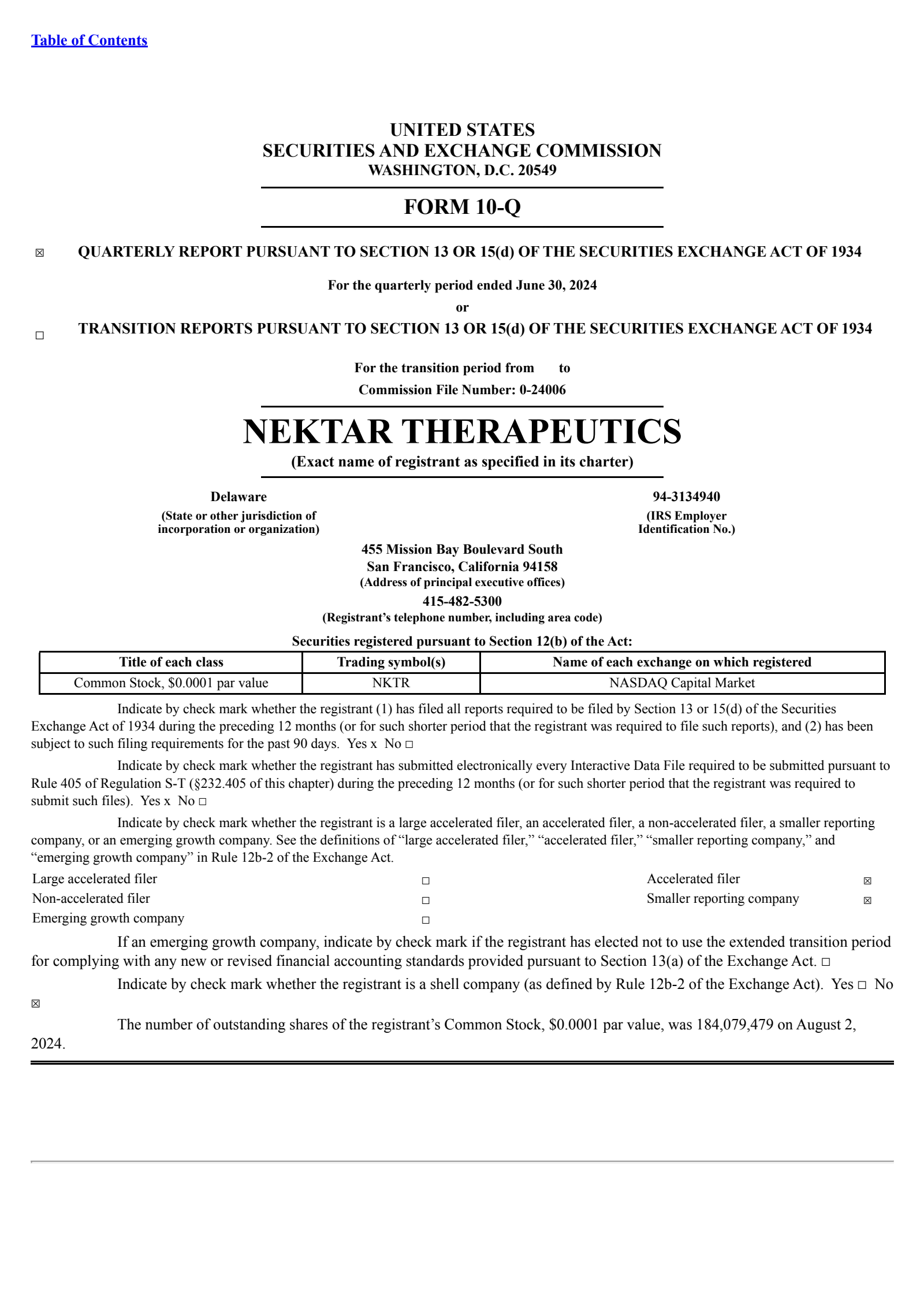Nektar Therapeutics' Q2 2024 Quarterly report