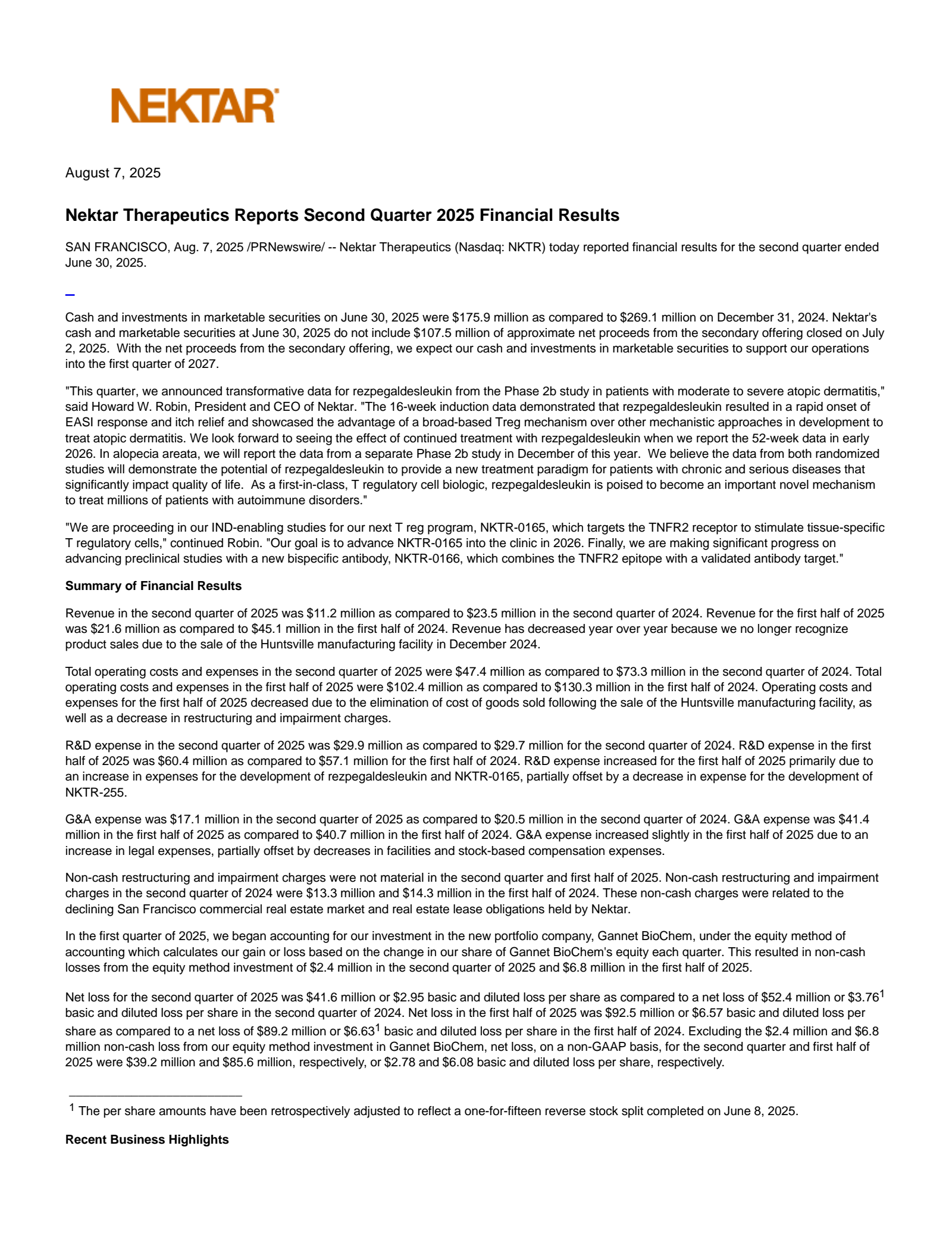 Nektar Therapeutics' Q2 2025 Press Release