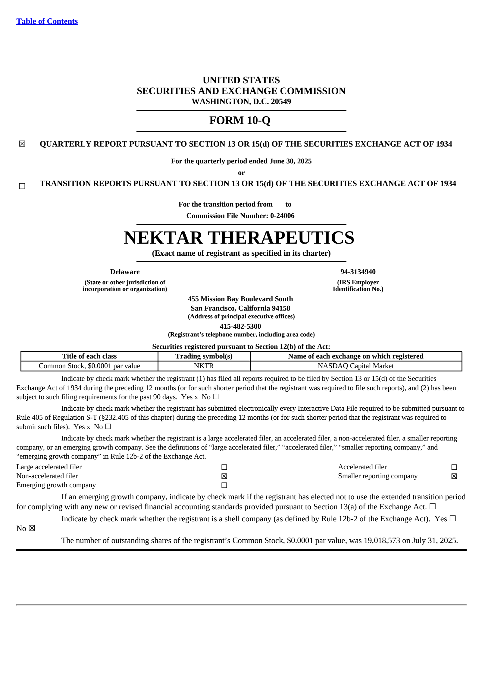 Nektar Therapeutics' Q2 2025 Quarterly report