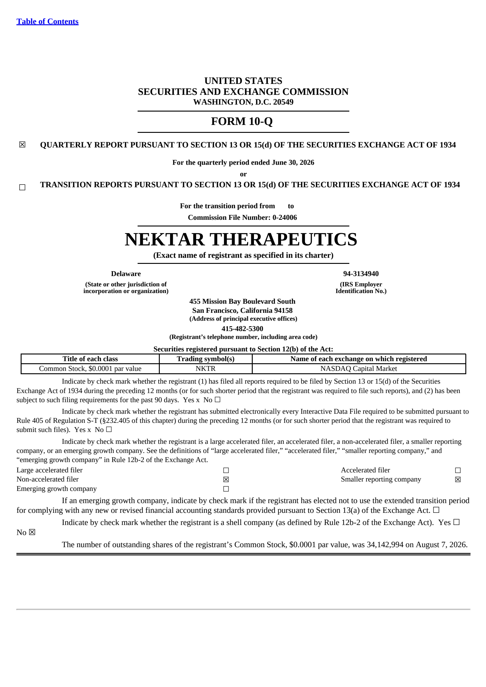 Nektar Therapeutics' Q2 2026 Quarterly report