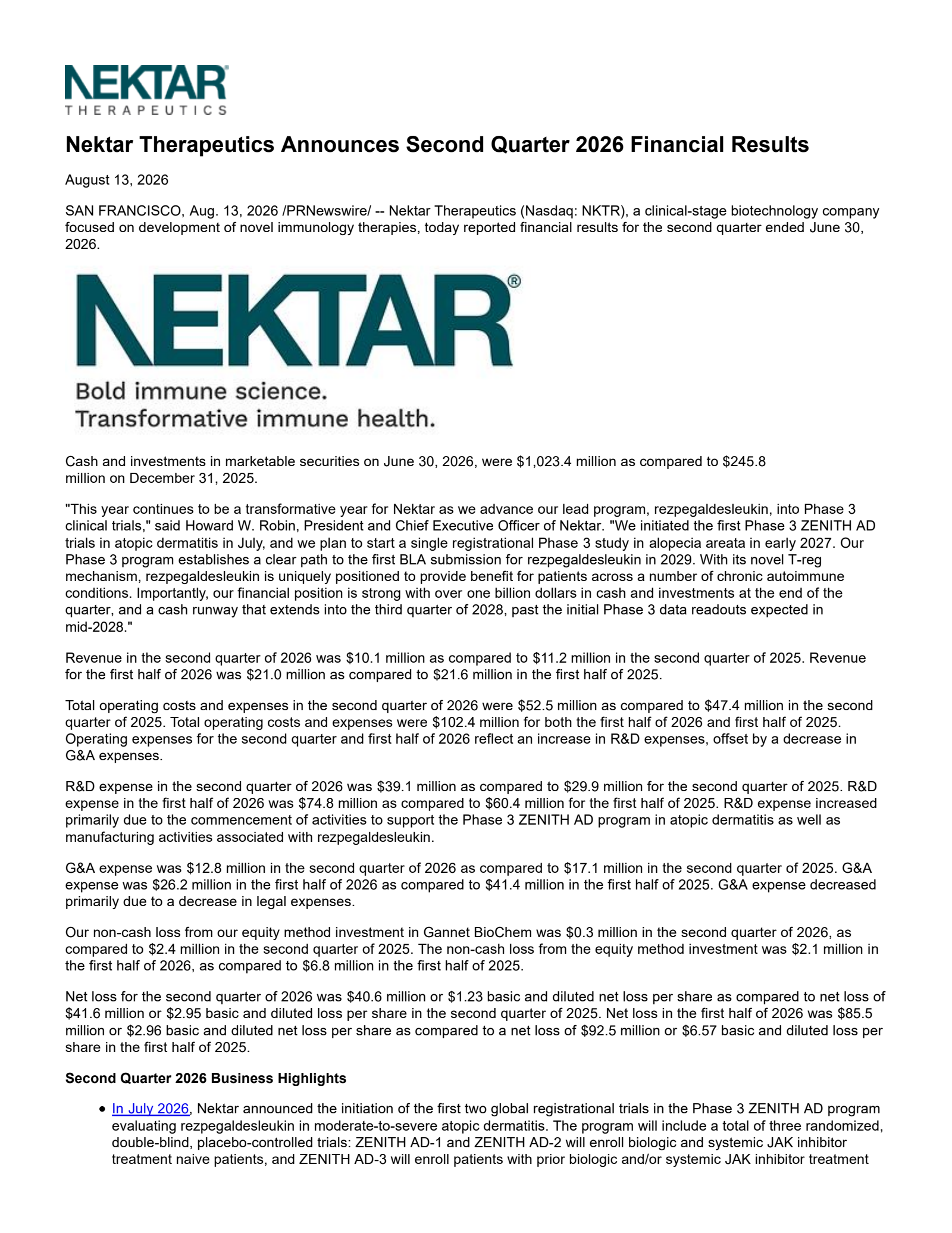 Nektar Therapeutics' Q2 2026 Press Release