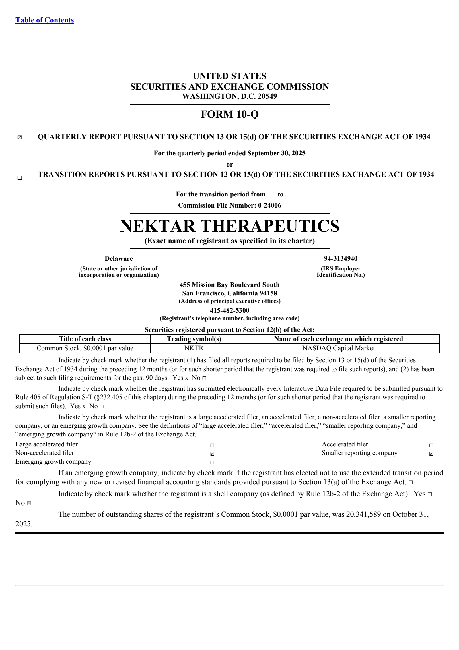 Nektar Therapeutics' Q3 2025 Quarterly Report