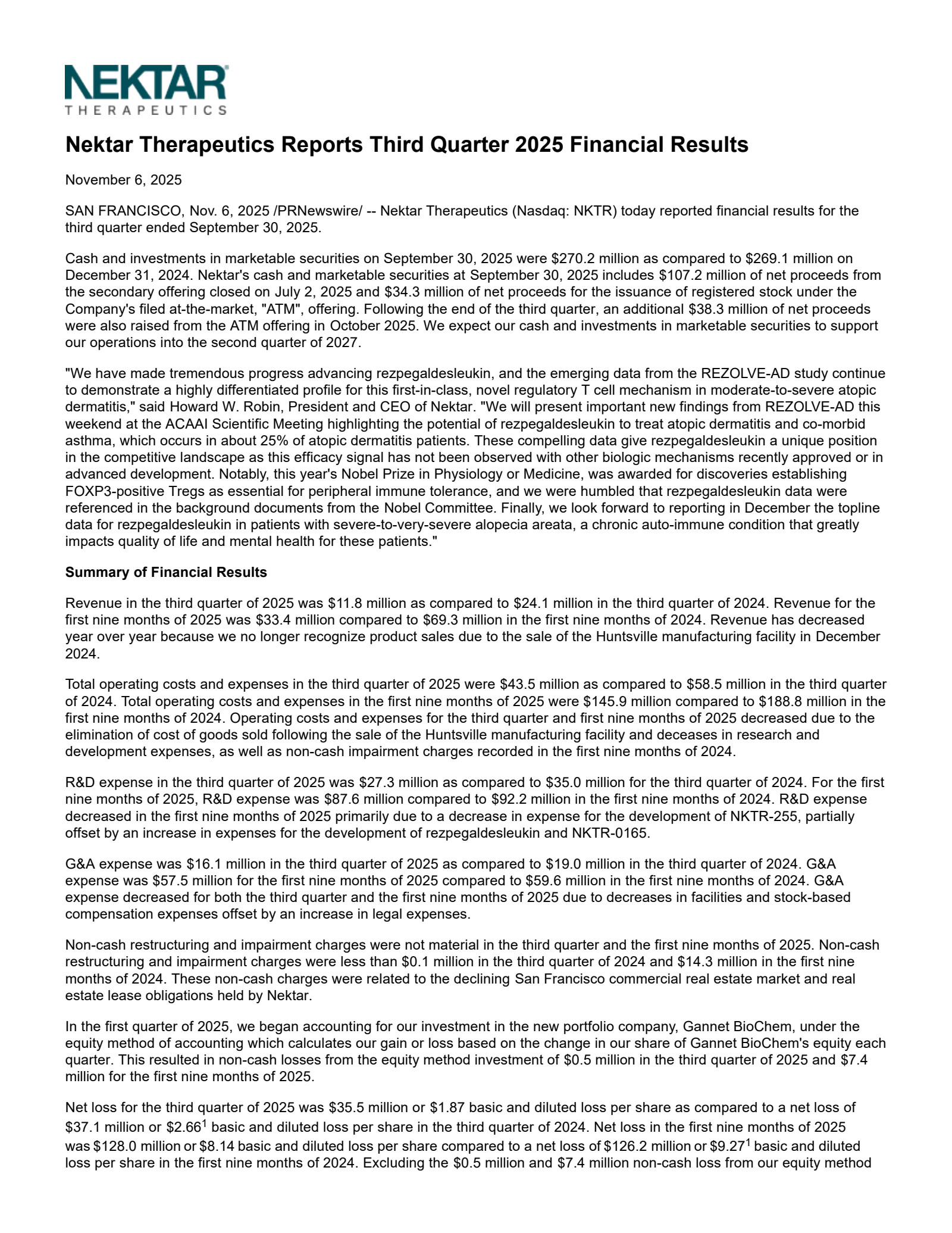 Nektar Therapeutics' Q3 2025 Earnings Release