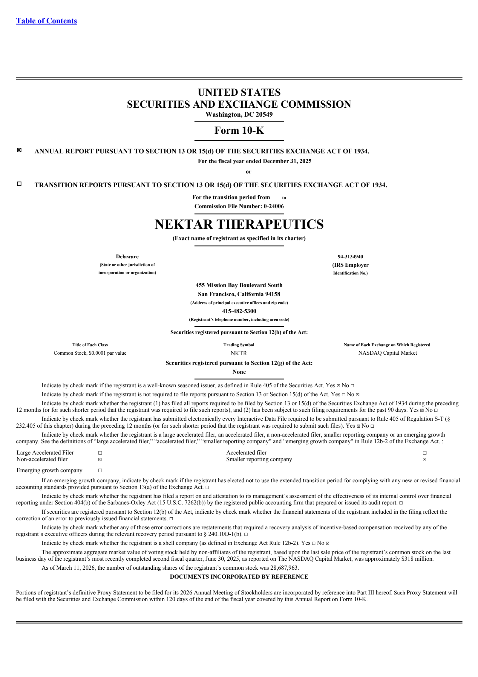 Nektar Therapeutics' Q4 2025 Annual report