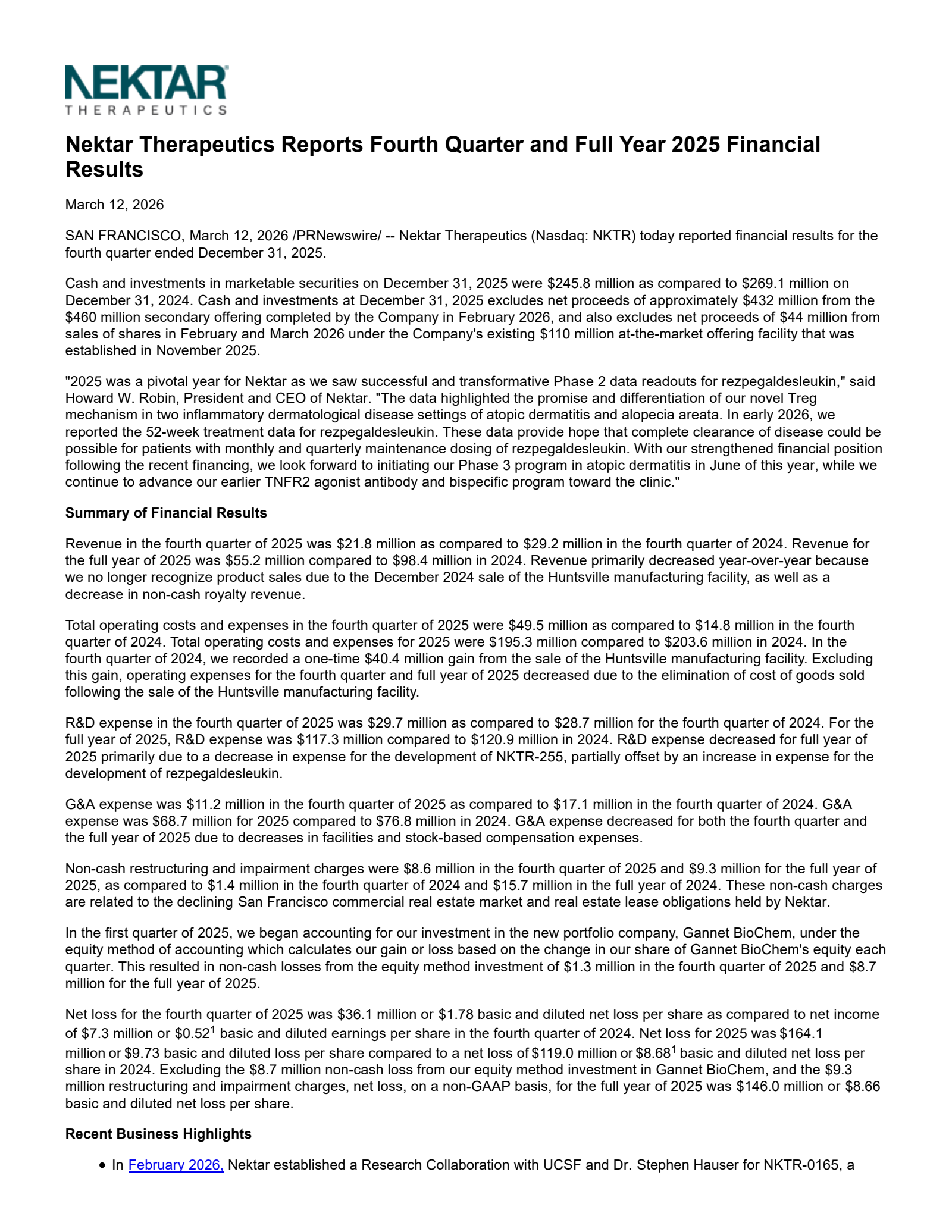 Nektar Therapeutics' Q4 2025 Press Release