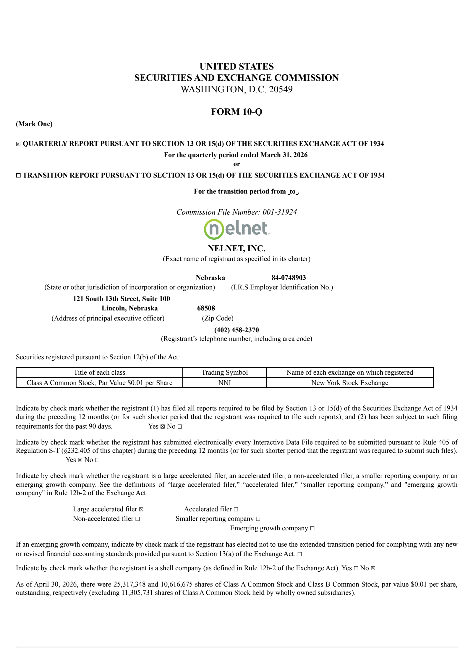 Nelnet's Q1 2026 Quarterly report
