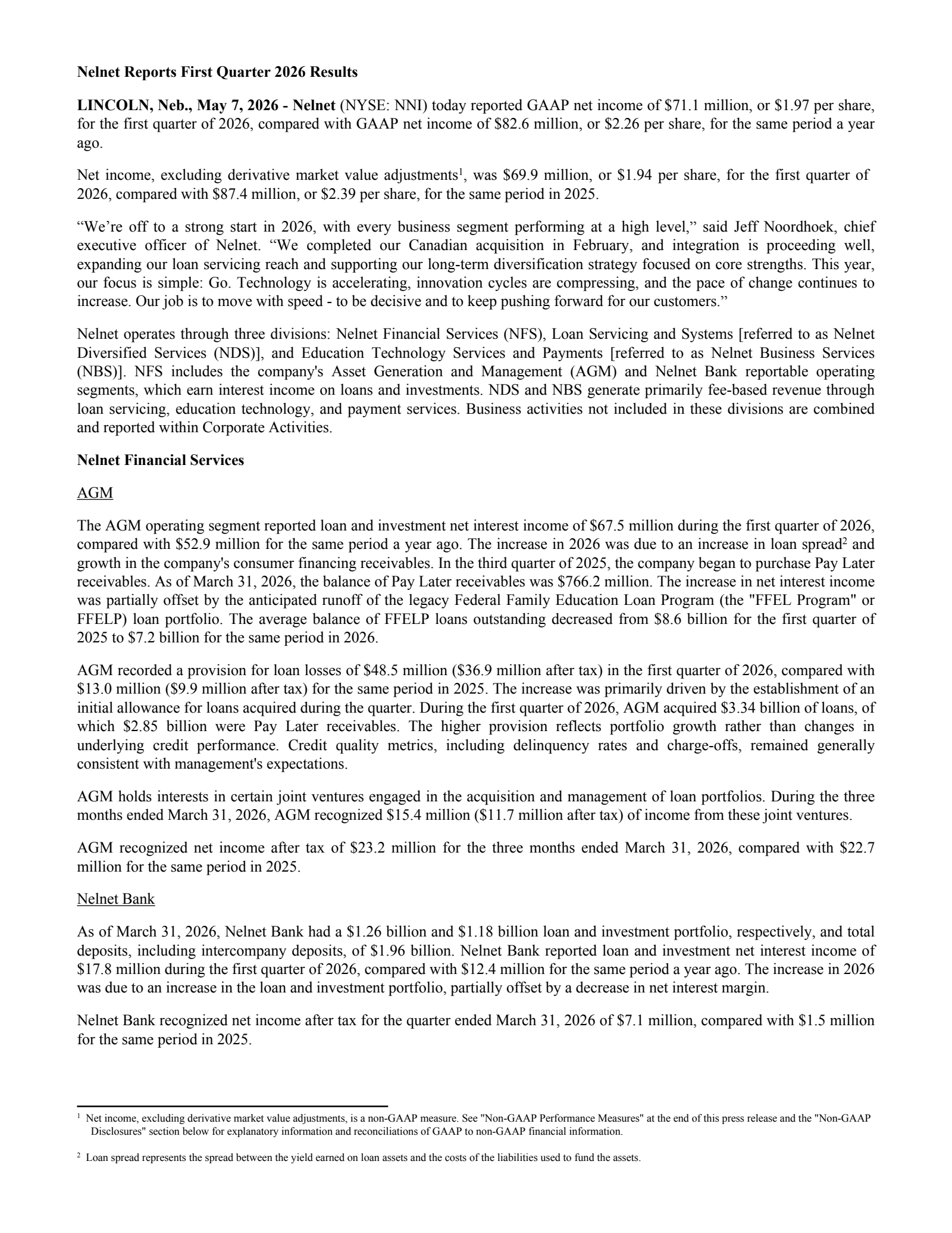 Nelnet's Q1 2026 Press Release