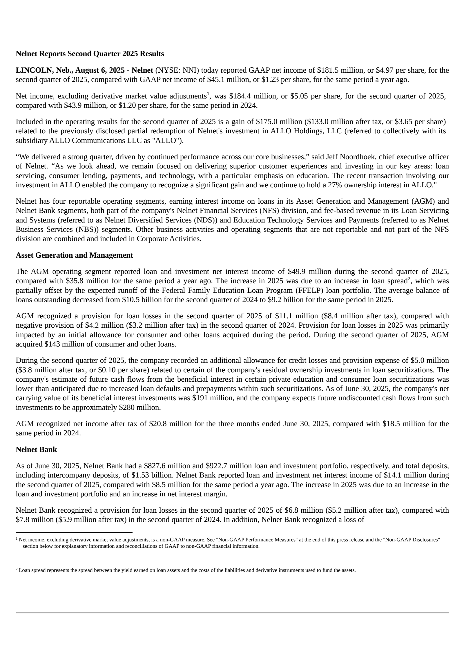 Nelnet's Q2 2025 Press Release