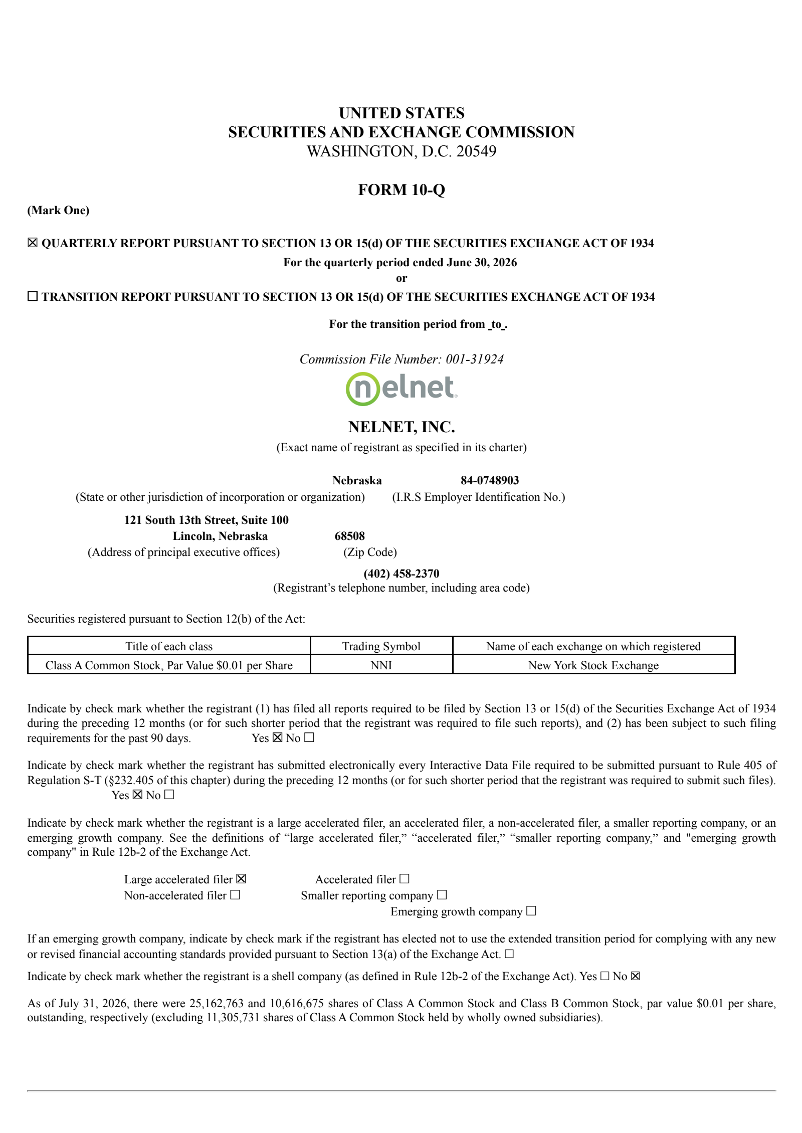 Nelnet's Q2 2026 Quarterly report