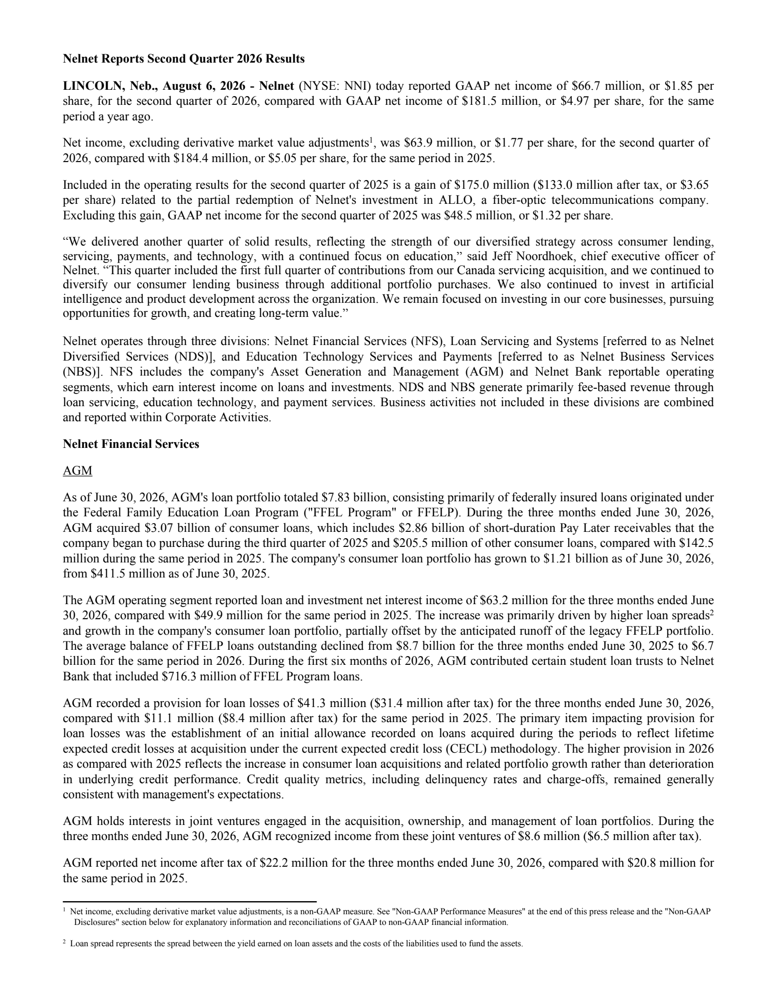 Nelnet's Q2 2026 Press Release