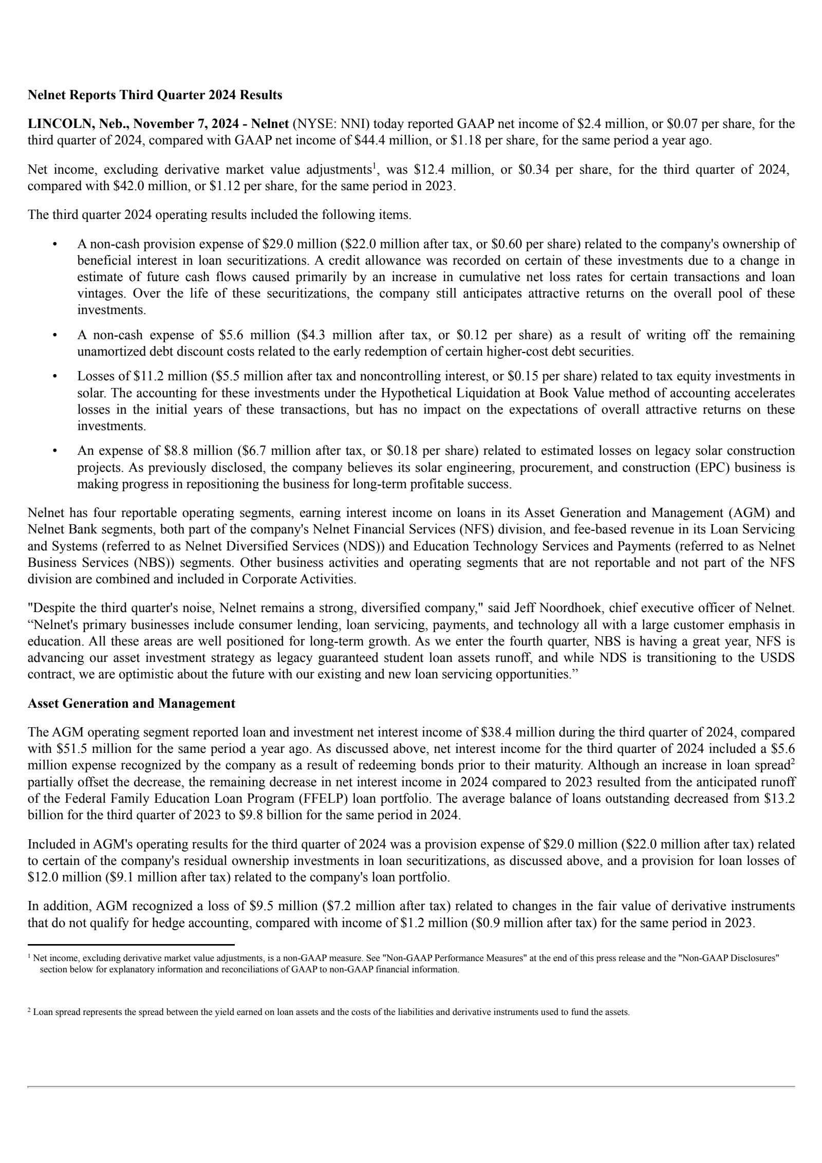 Nelnet's Q3 2024 Press Release