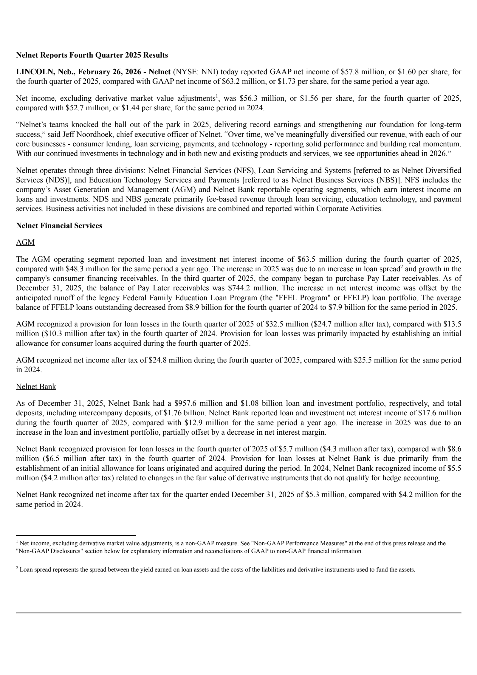 Nelnet's Q4 2025 Press Release