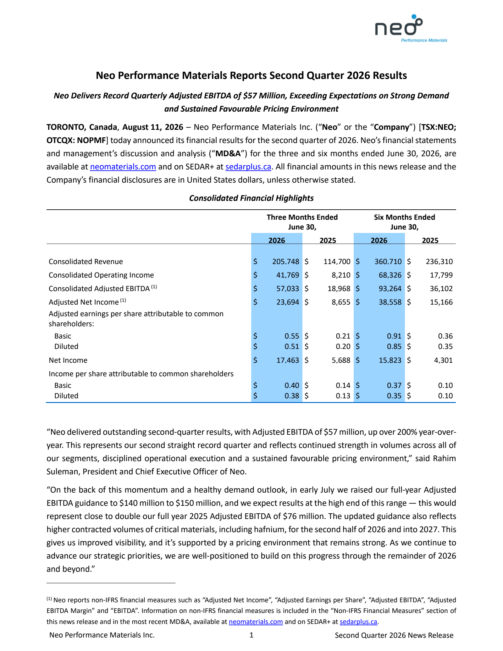 Neo Performance Materials' Q2 2026 Press Release