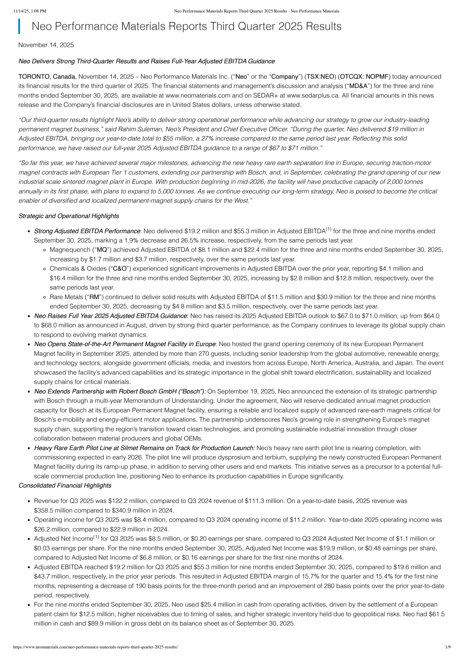 Neo Performance Materials' Q3 2025 Earnings Release
