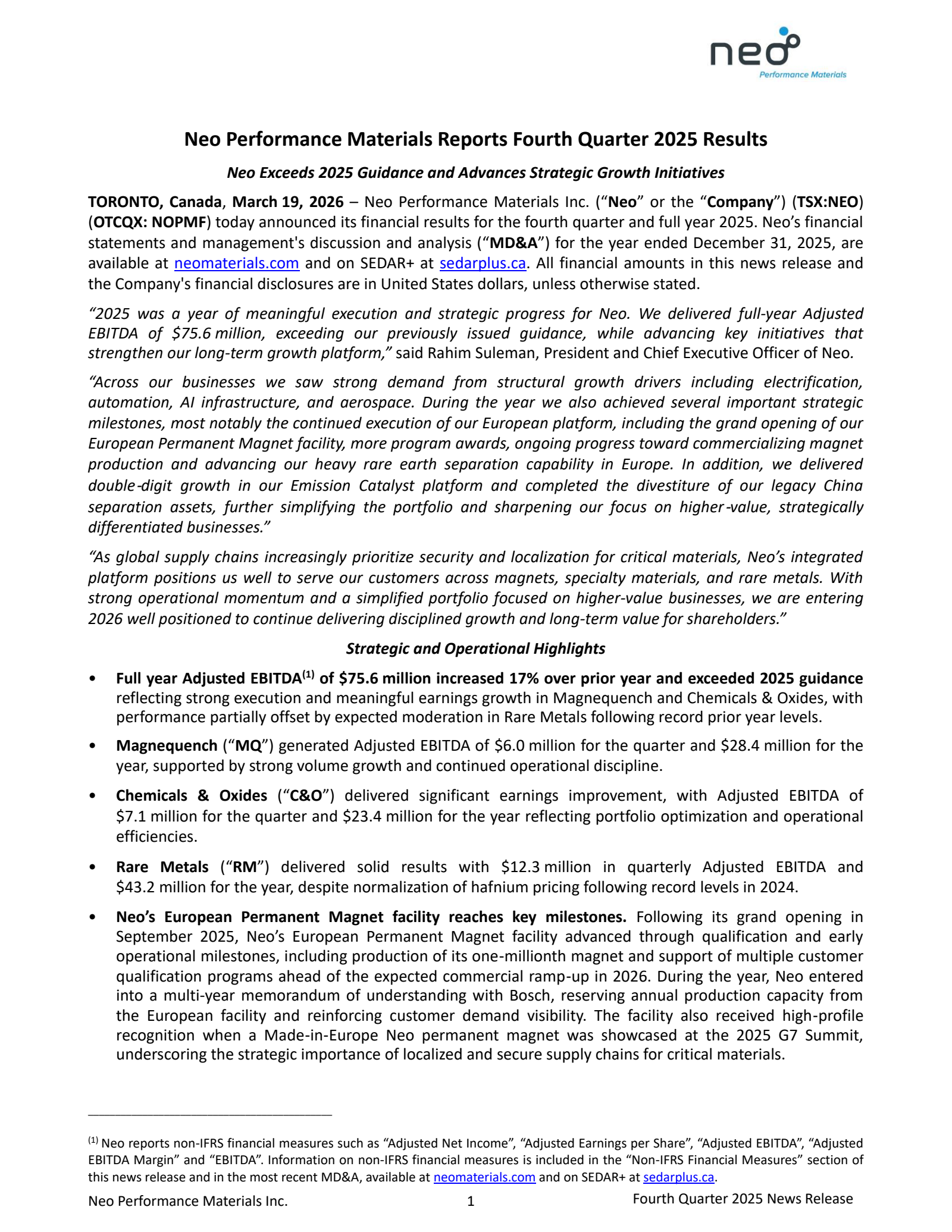 Neo Performance Materials' Q4 2025 Press Release